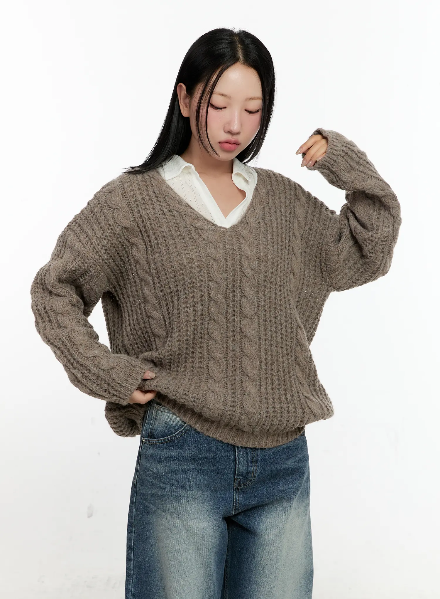Cozy Cable Knit Oversized V-Neck Sweater CN505 - Image 9