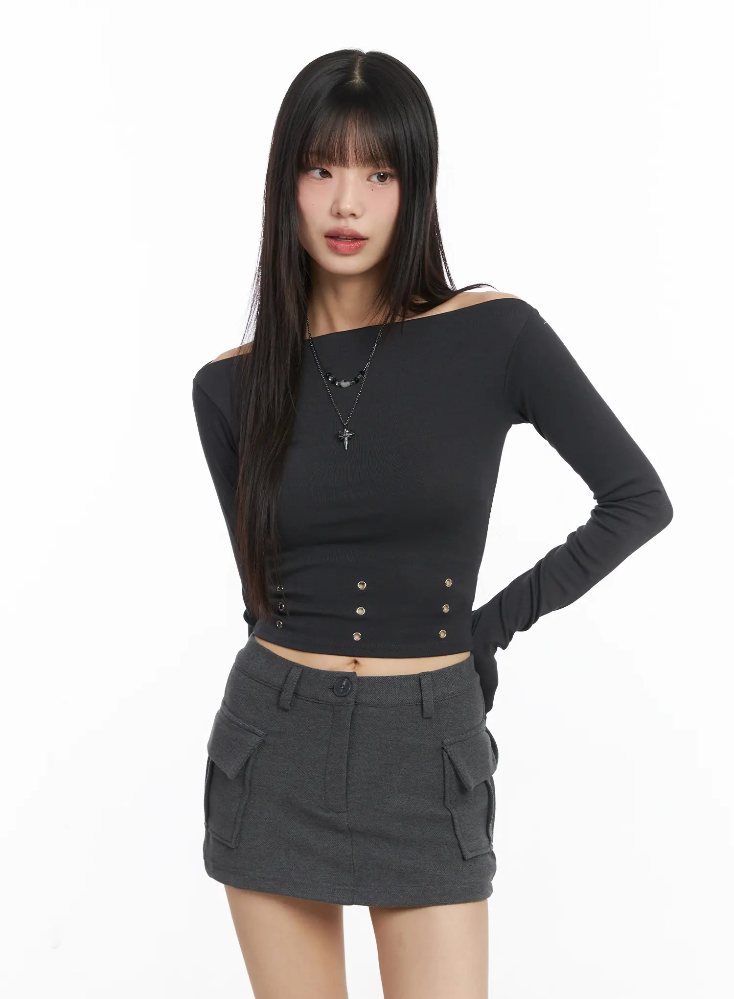 Cropped Eyelet Long Sleeve Tee CJ501 - Image 10
