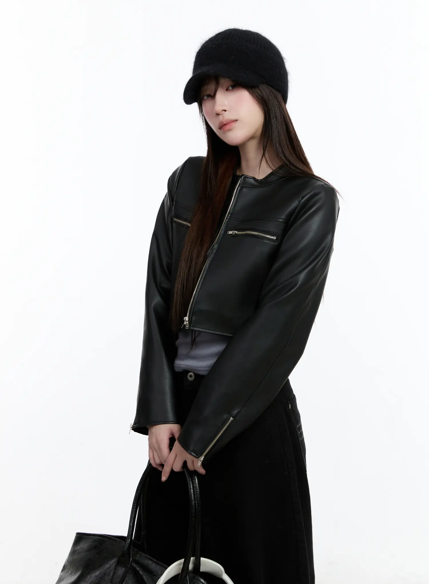 Cropped Faux Leather Rider Jacket CN525 - Image 11