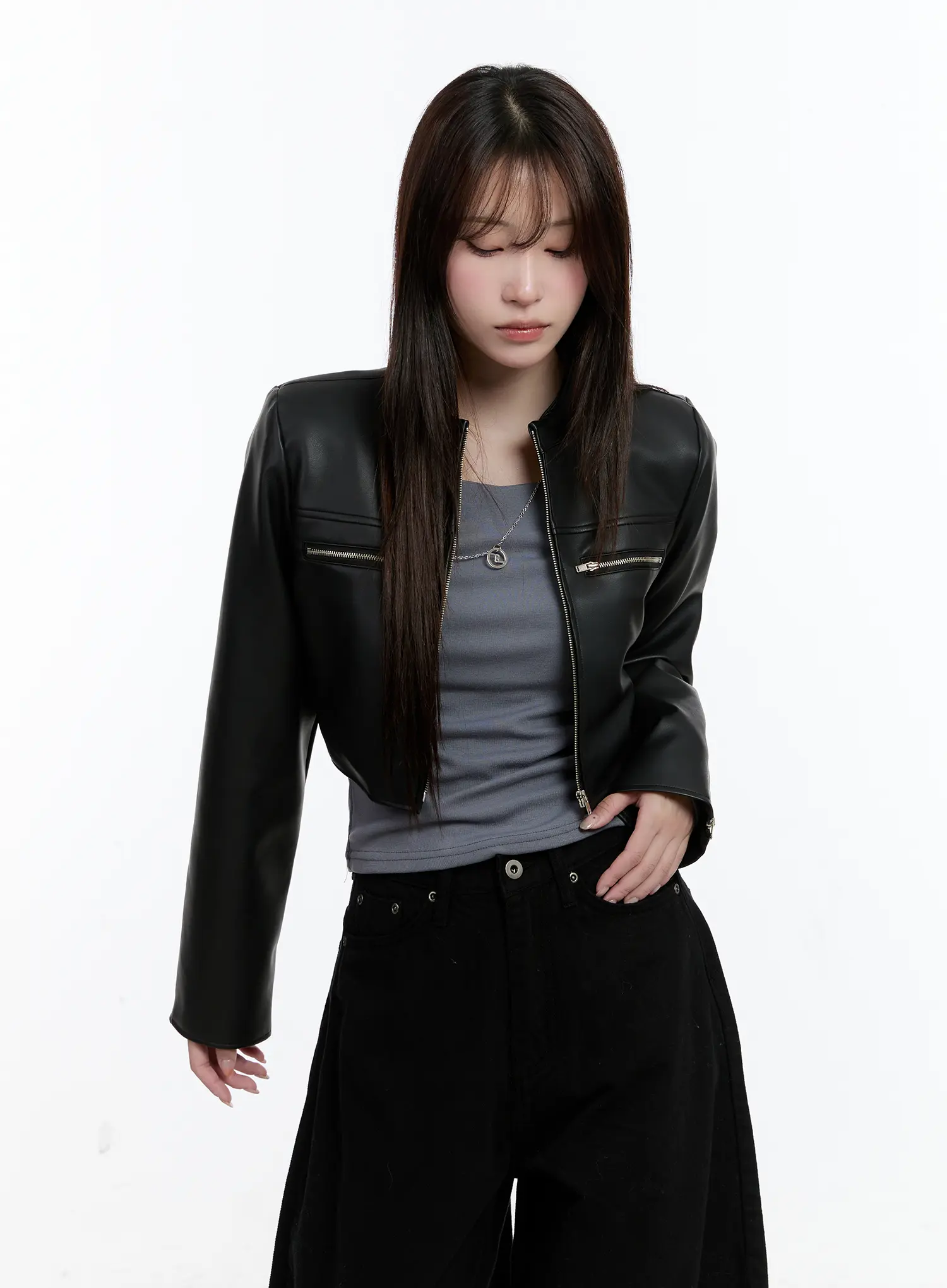 Cropped Faux Leather Rider Jacket CN525 - Image 6