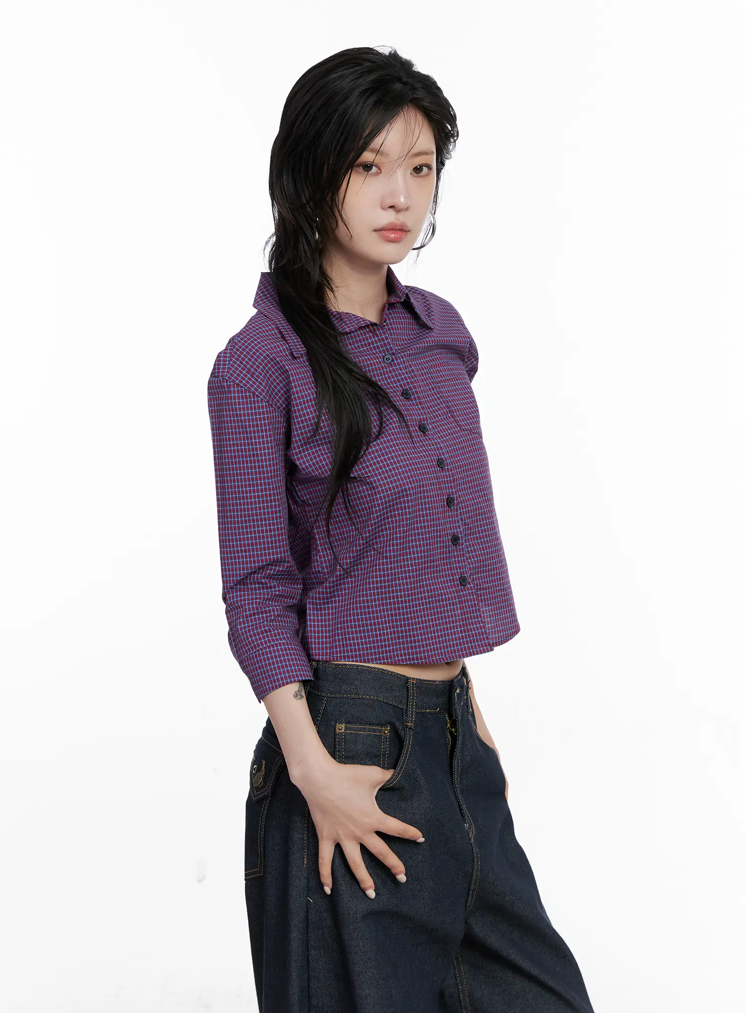 Cropped Plaid Button Up Shirt CS512 - Image 5