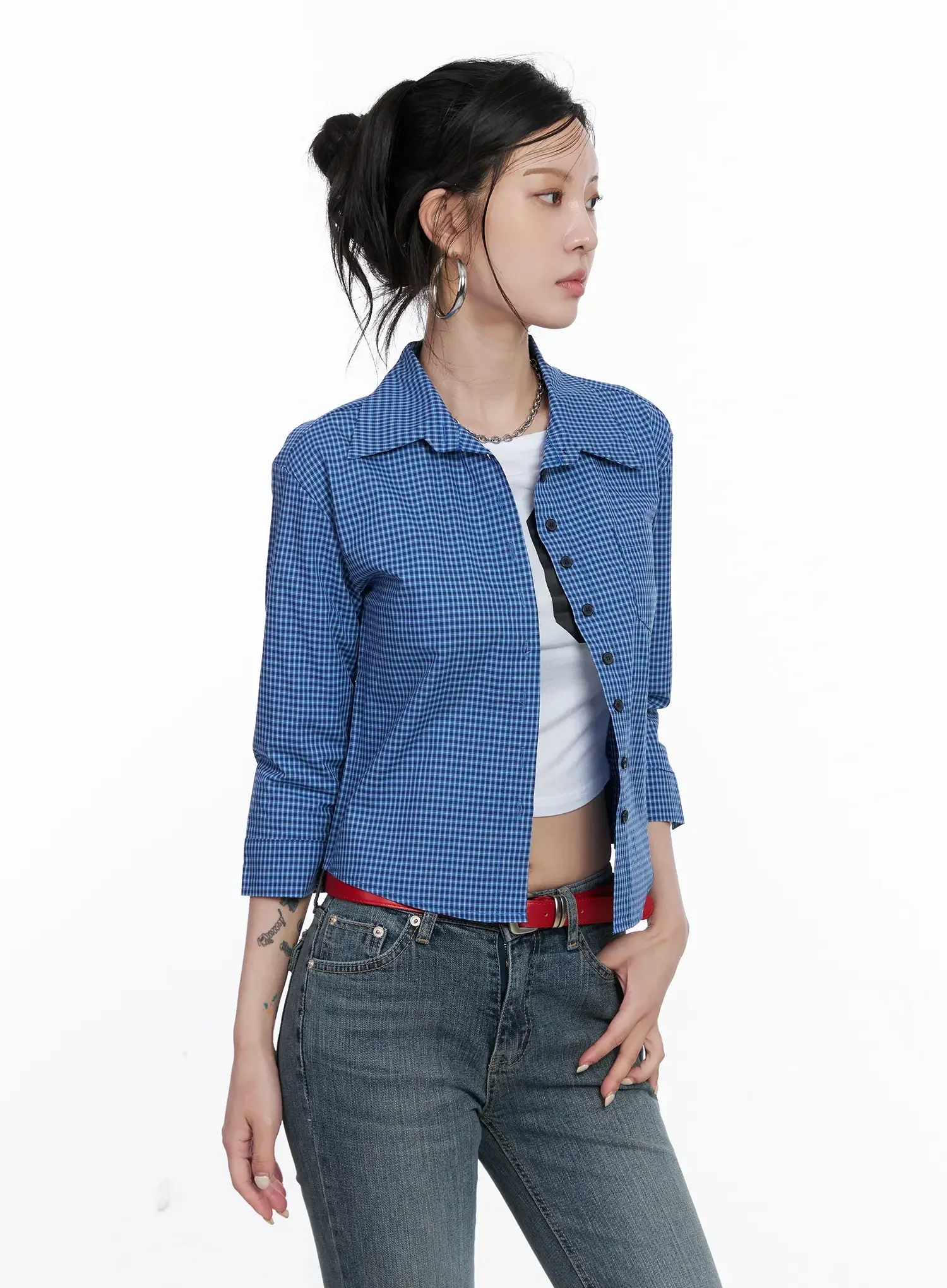 Cropped Plaid Button Up Shirt CS512 - Image 8