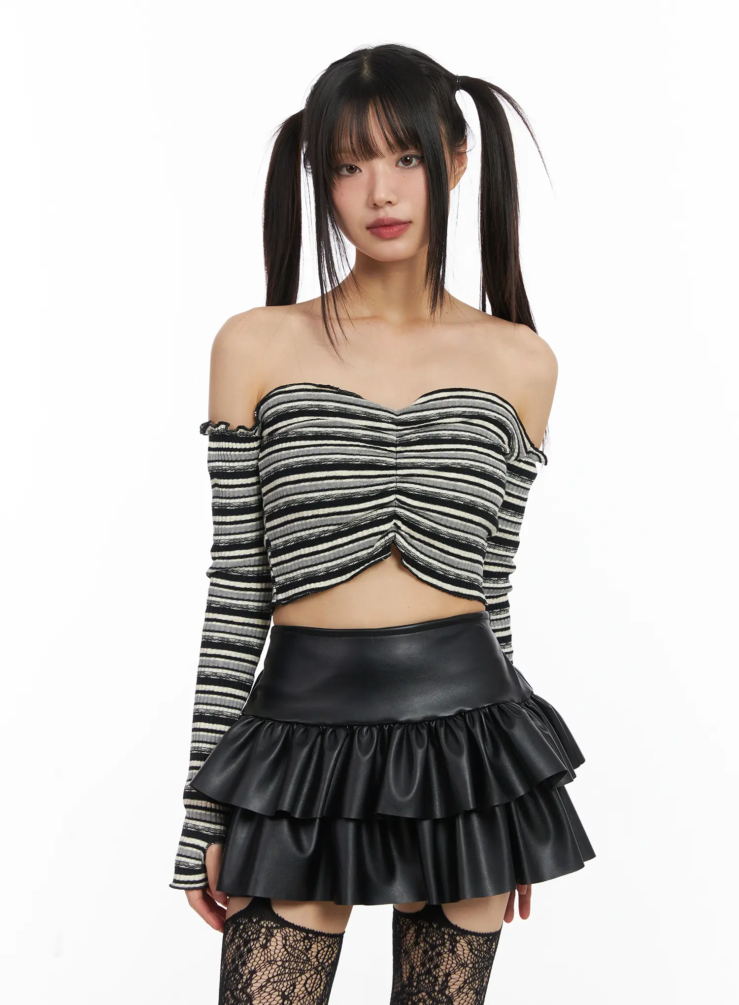 Cropped Striped Off-Shoulder Long Sleeve Top CD522 - Image 10