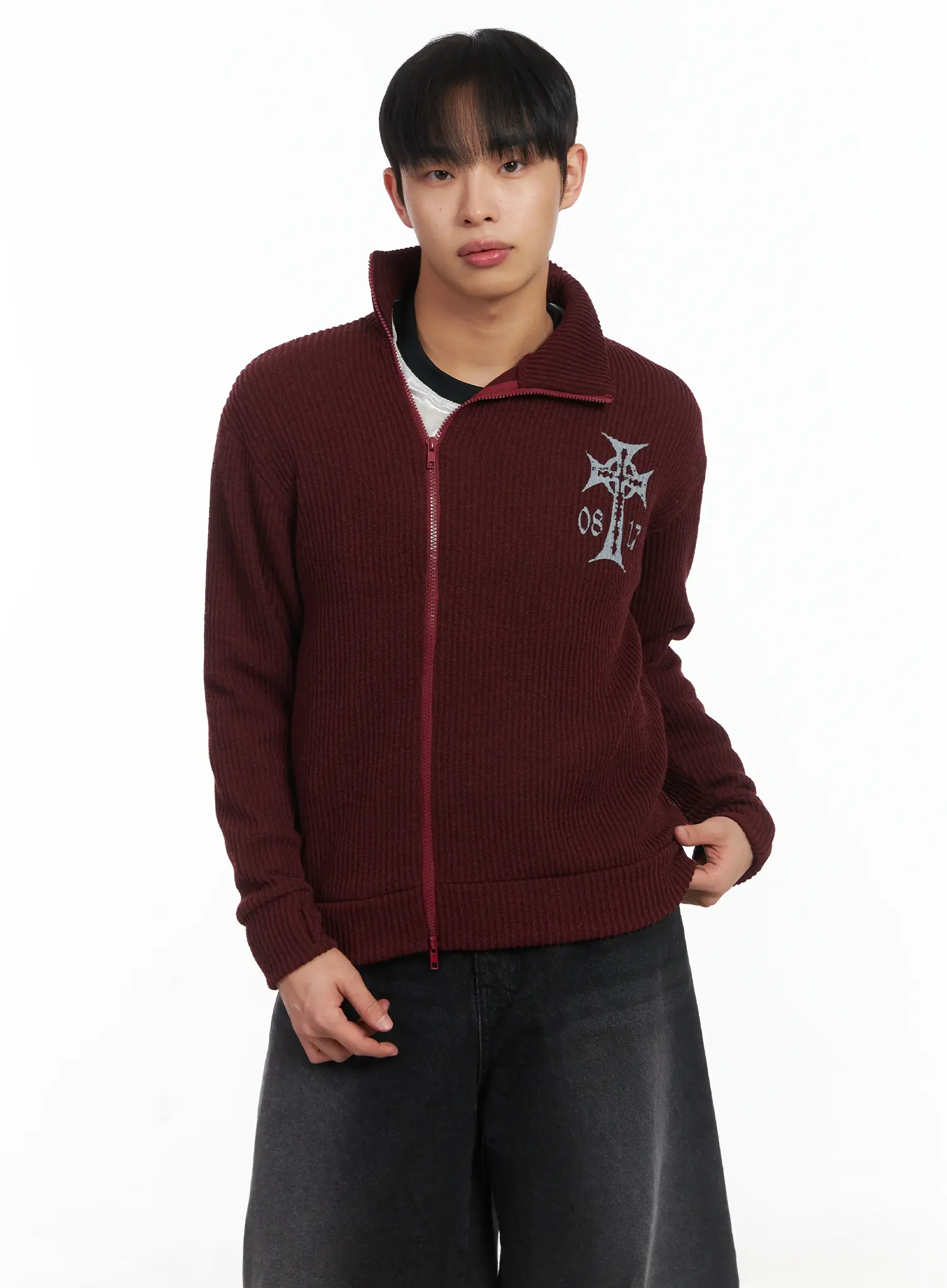 Cross Print High Neck Zip-Up Cardigan ID515 - Image 6