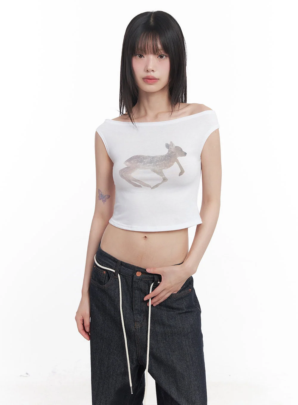 Cute Animal-Print Graphic Off-Shoulder Crop Top CY521 - Image 2