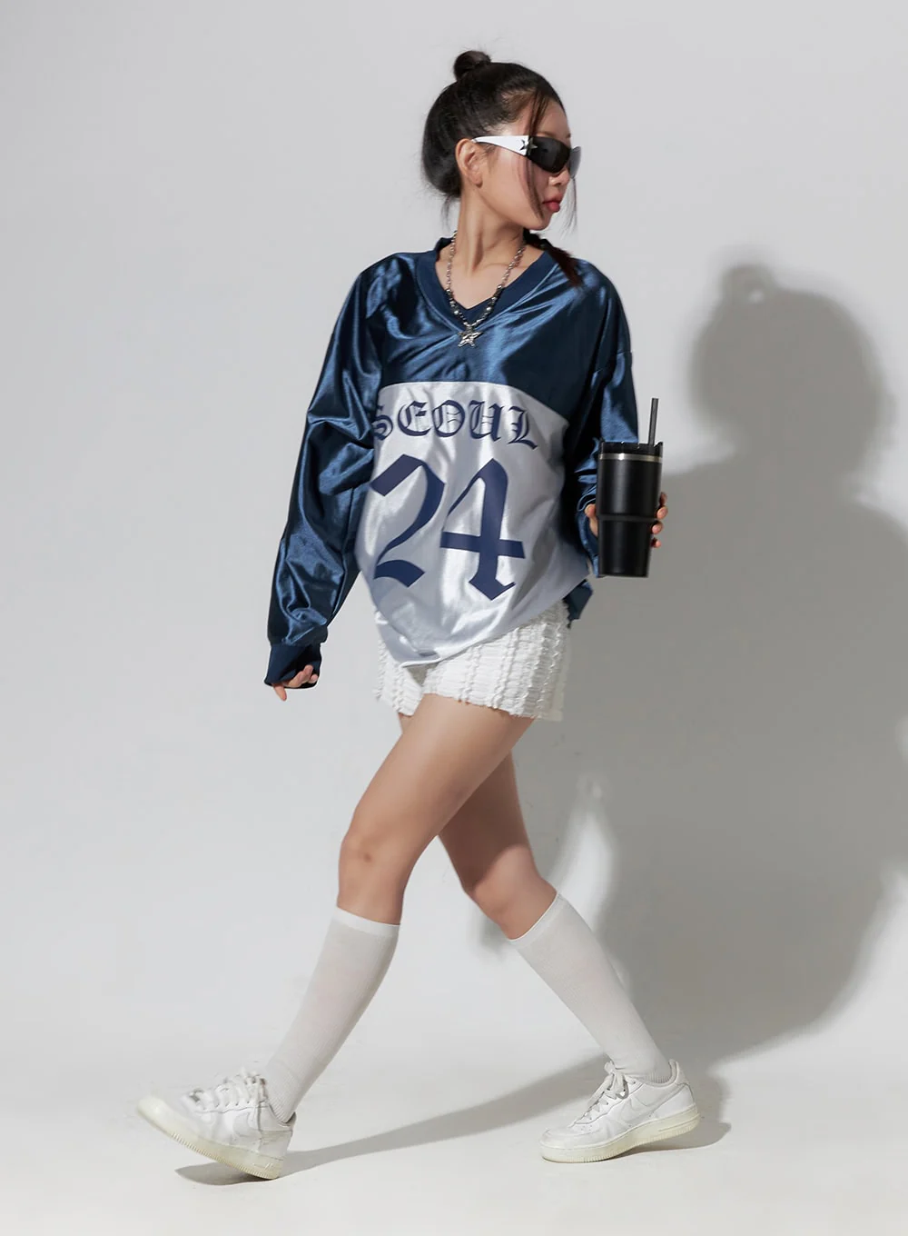 Dark Blue Lettered Poly Sweat V-Neck Hoodie IO409 - Image 2