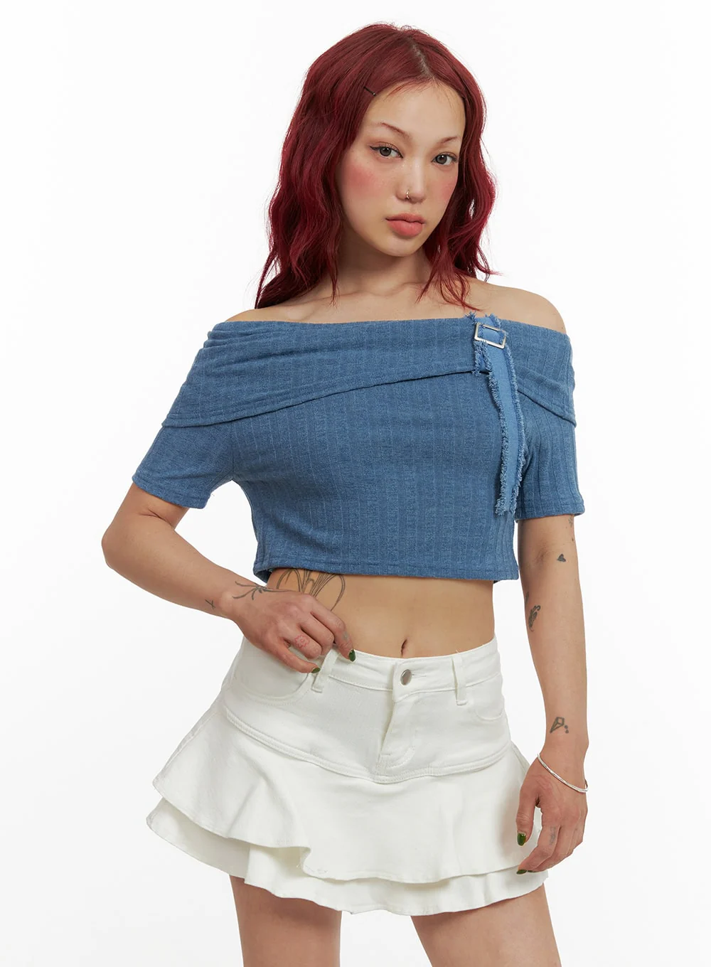 Denim Detail Off Shoulder Crop Top CY430 - Image 4