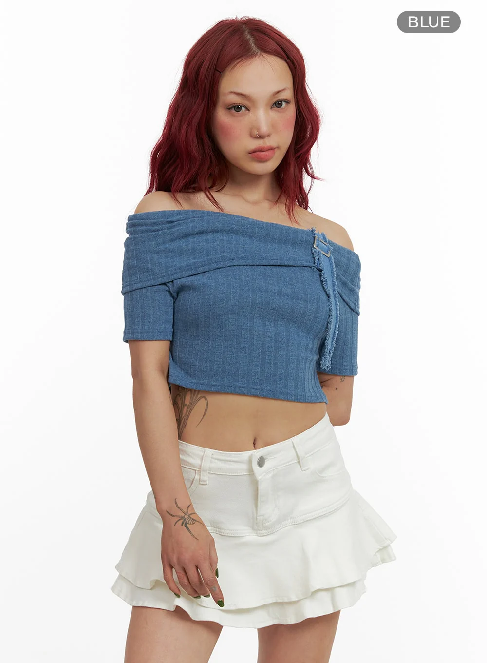 Denim Detail Off Shoulder Crop Top CY430 - Image 6