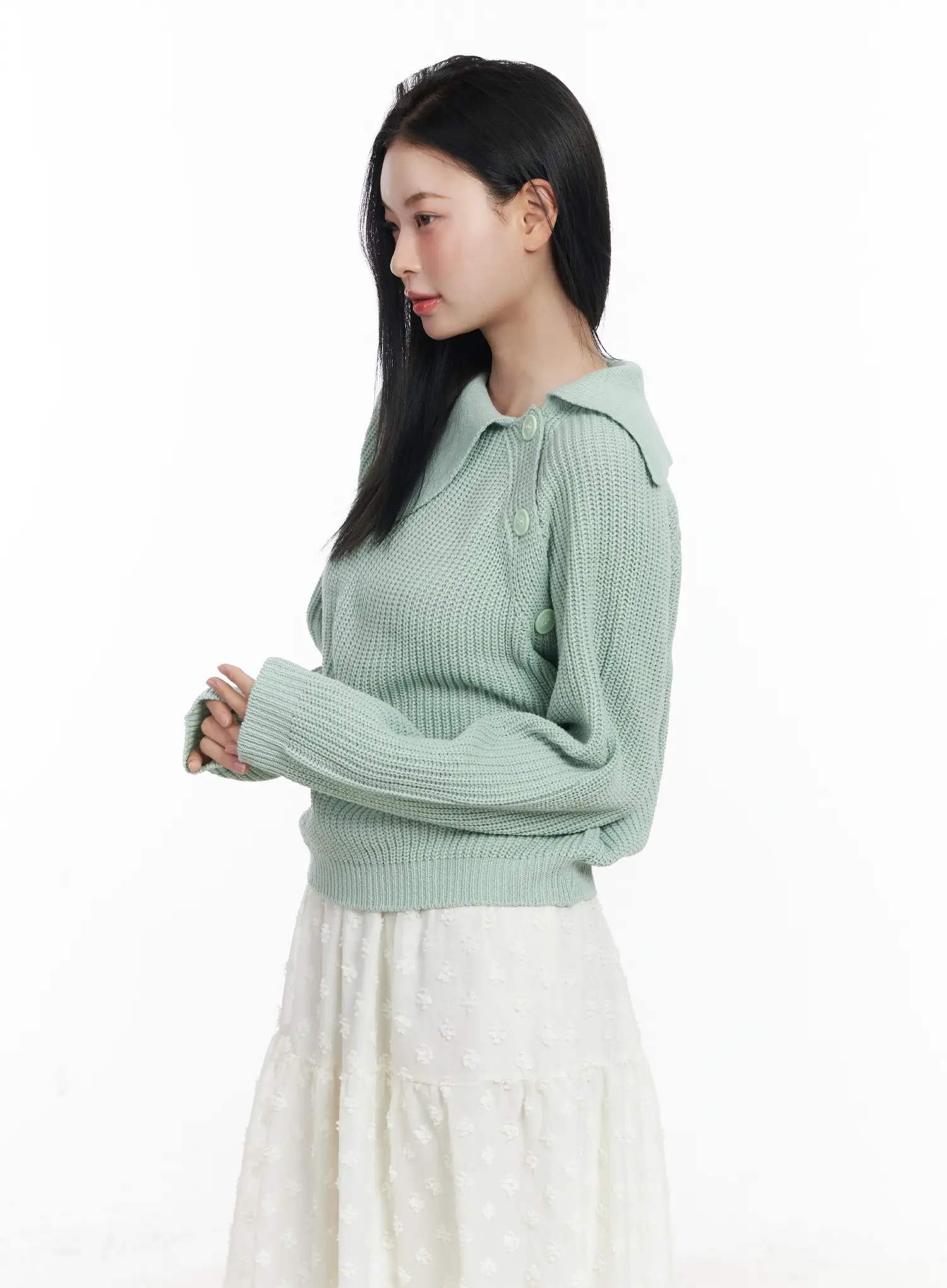 Diagonal Button Collar Knit Top CJ519 - Image 6