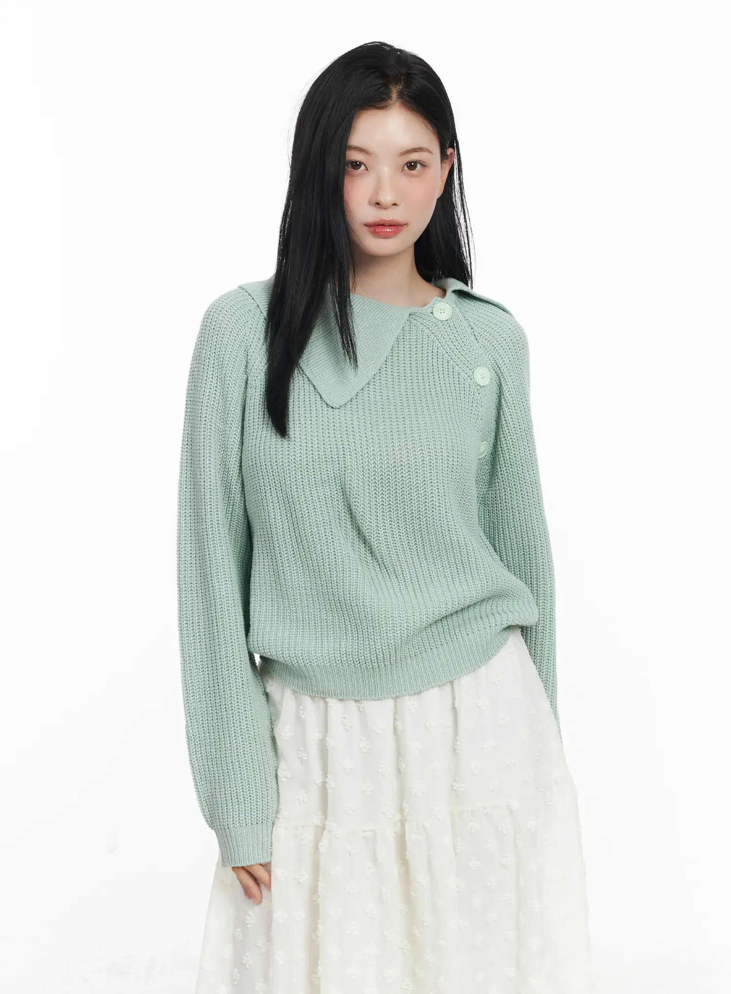 Diagonal Button Collar Knit Top CJ519 - Image 8