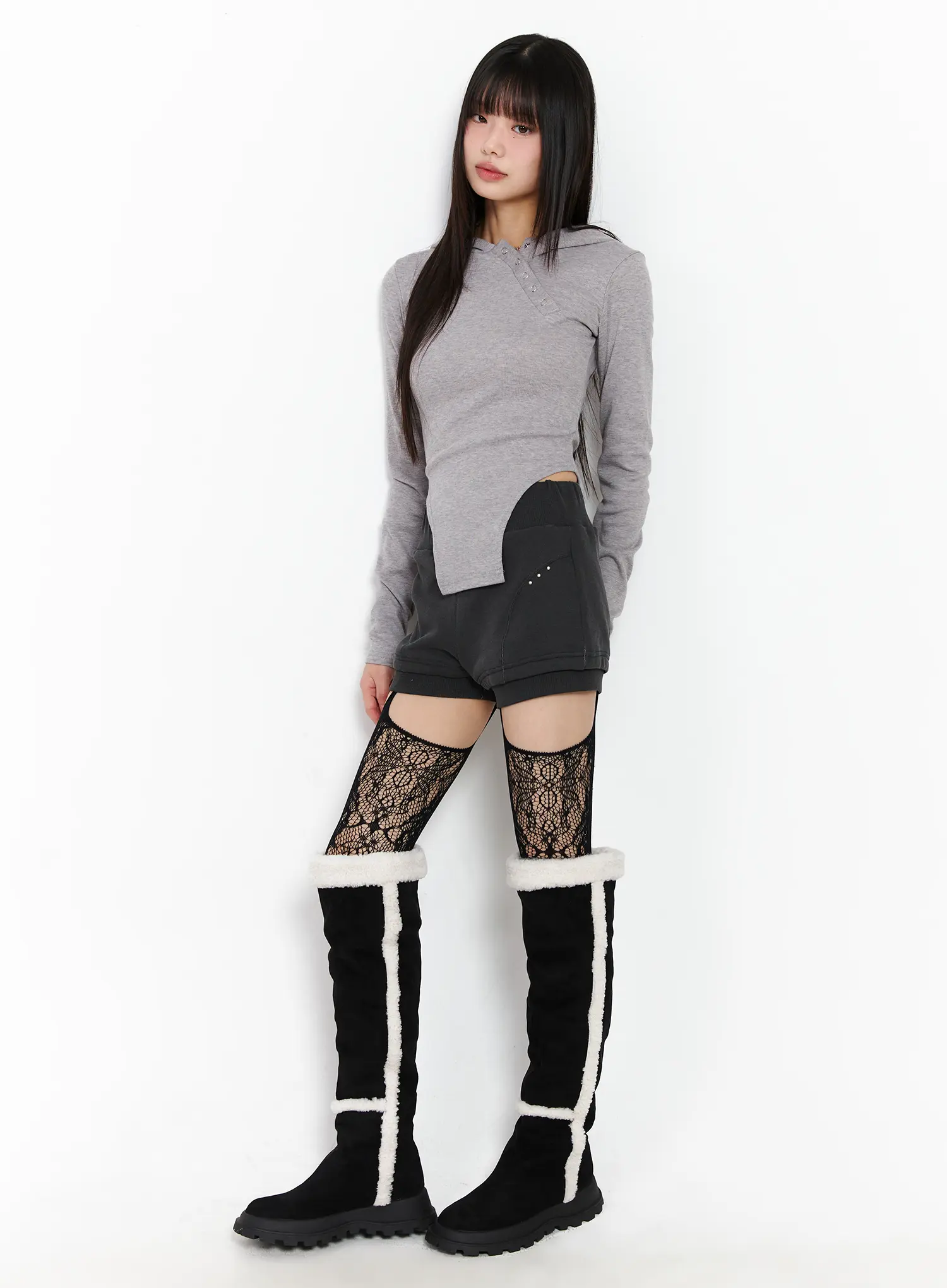 Diagonal Button Hooded Fleece Tee CJ501 - Image 6