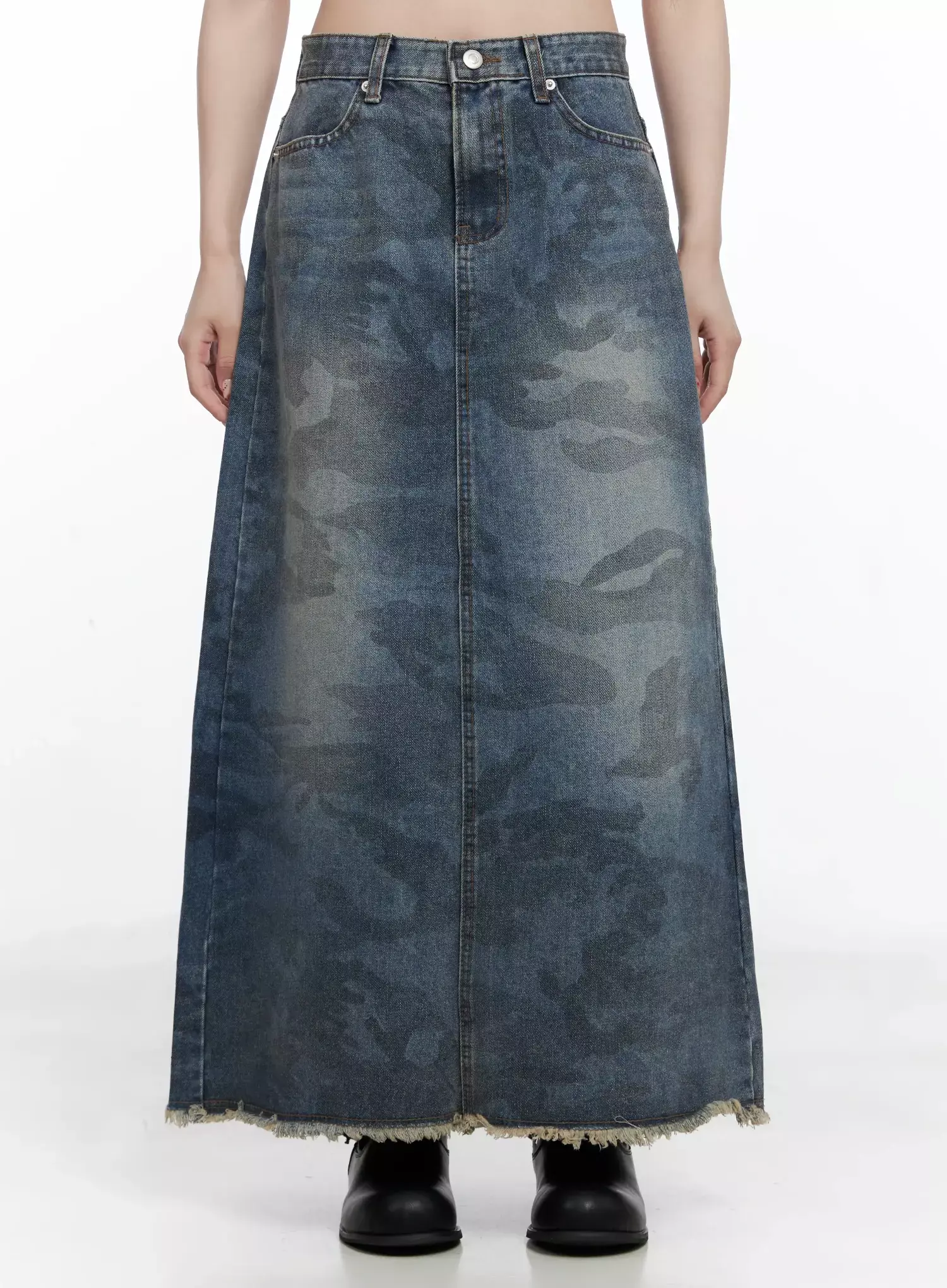 Distressed Denim Maxi Skirt IN514