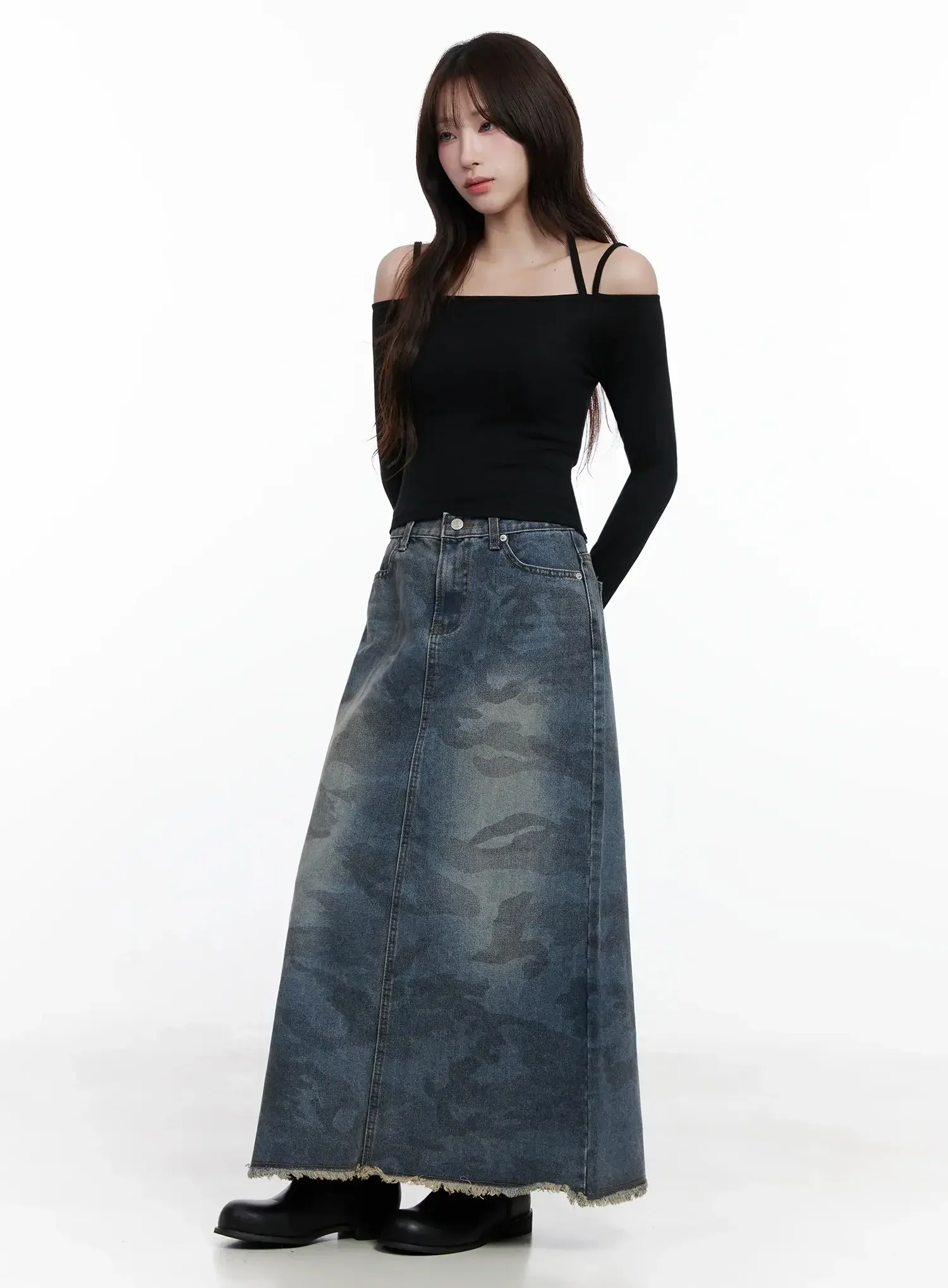 Distressed Denim Maxi Skirt IN514 - Image 6