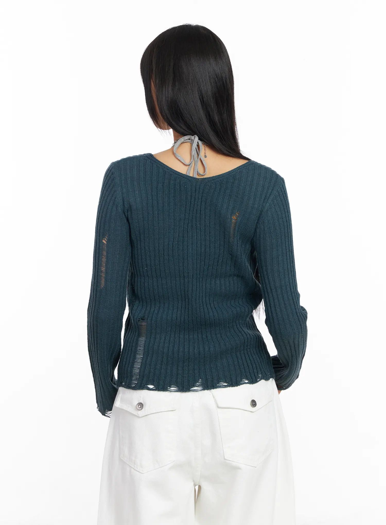 Distressed V-Neck Knit Sweater CF504 - Image 10