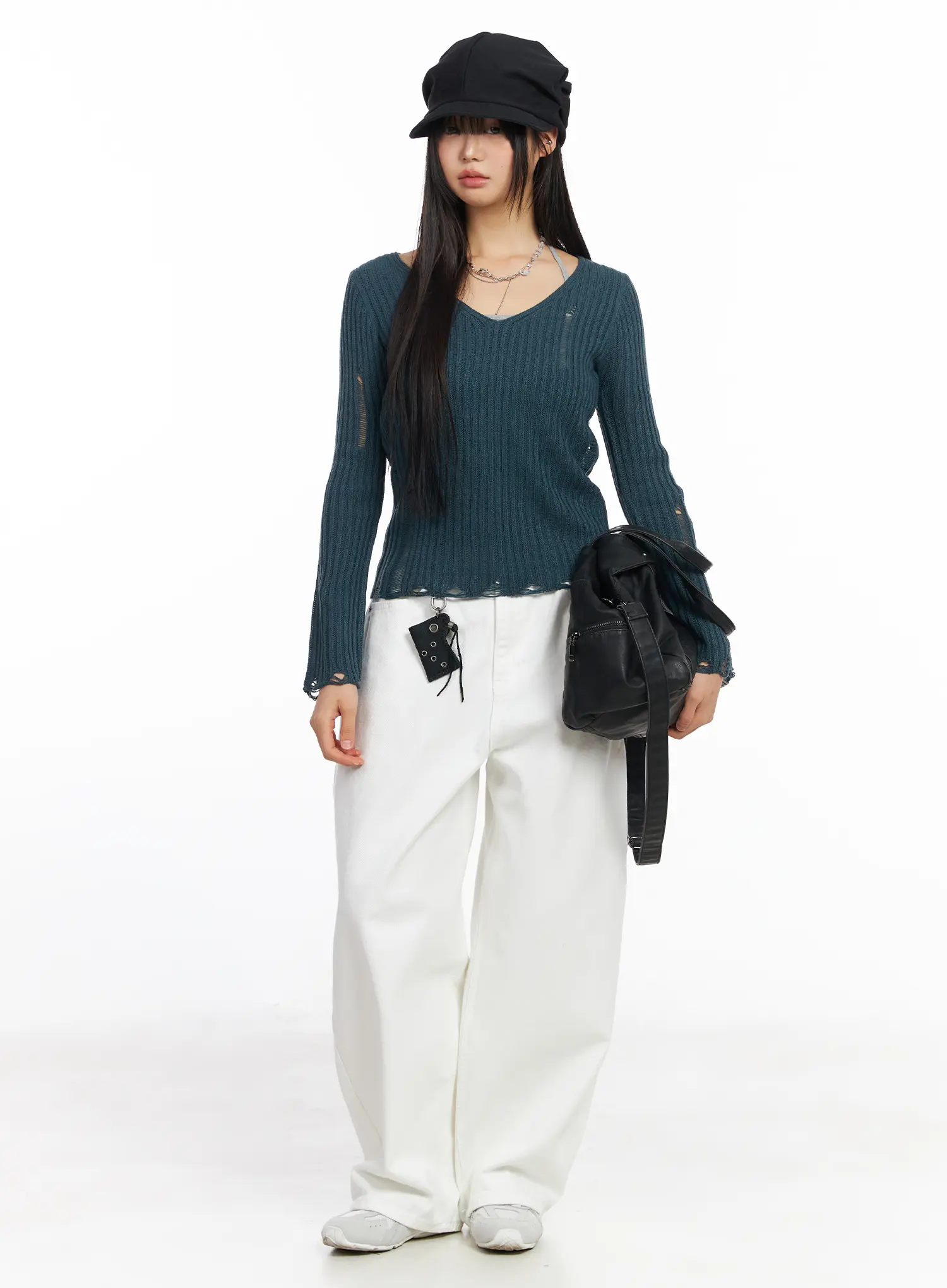Distressed V-Neck Knit Sweater CF504 - Image 3