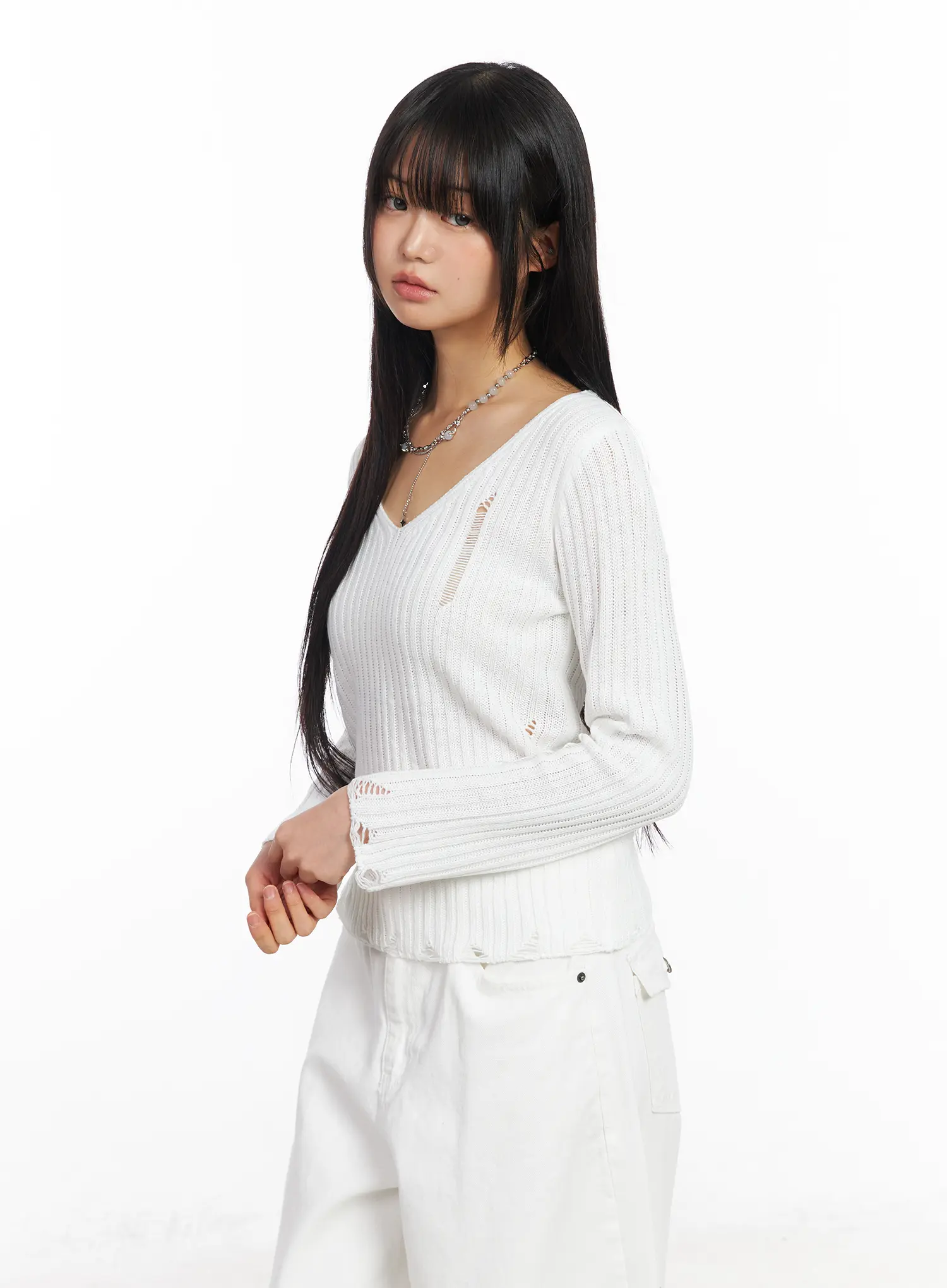 Distressed V-Neck Knit Sweater CF504 - Image 8