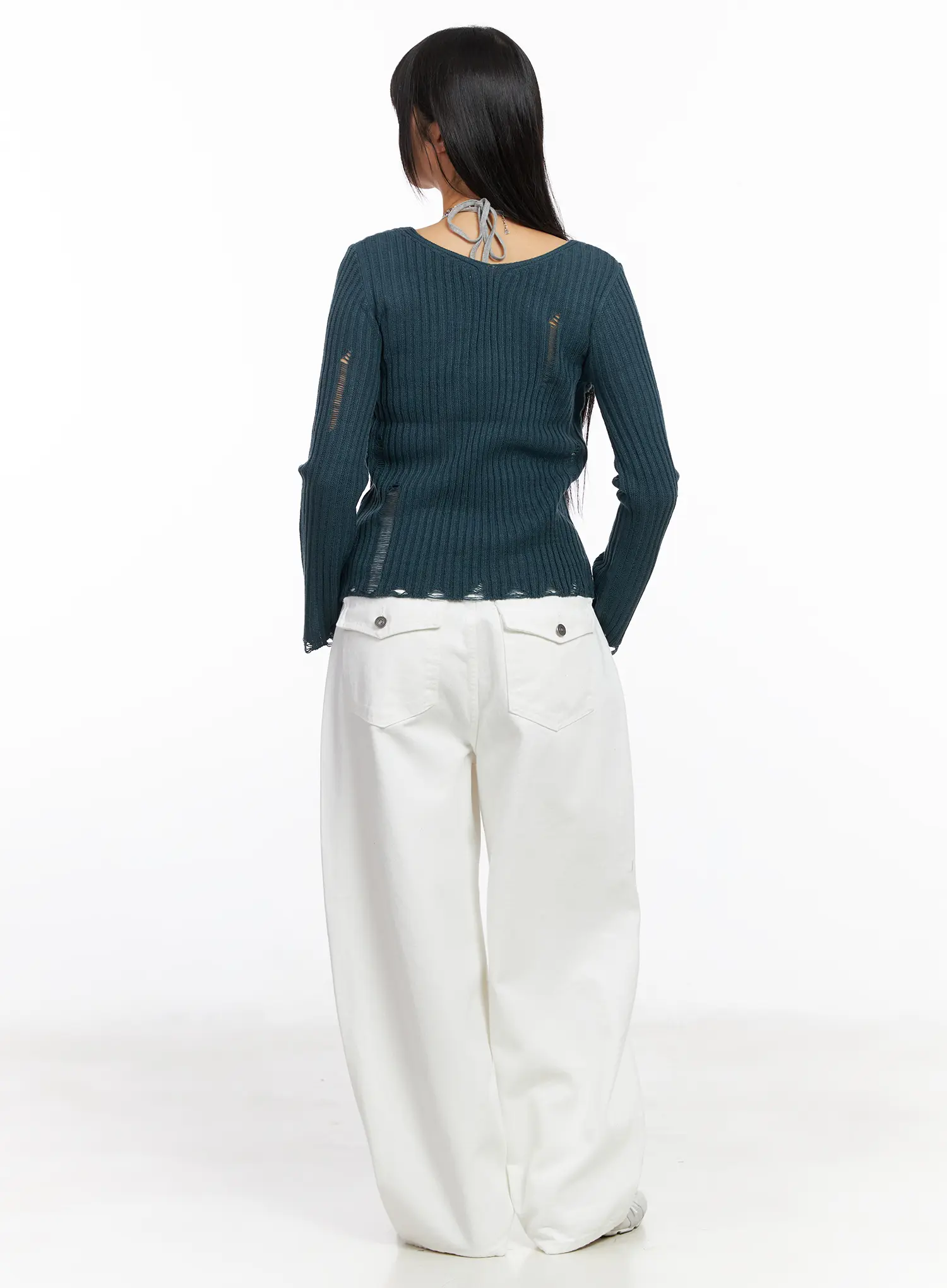 Distressed V-Neck Knit Sweater CF504 - Image 9