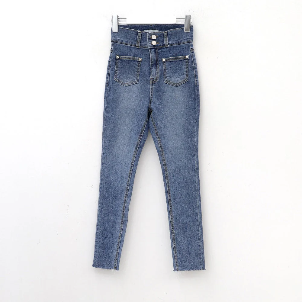 Double Button Raw Hem Skinny Jeans IA11 - Image 17