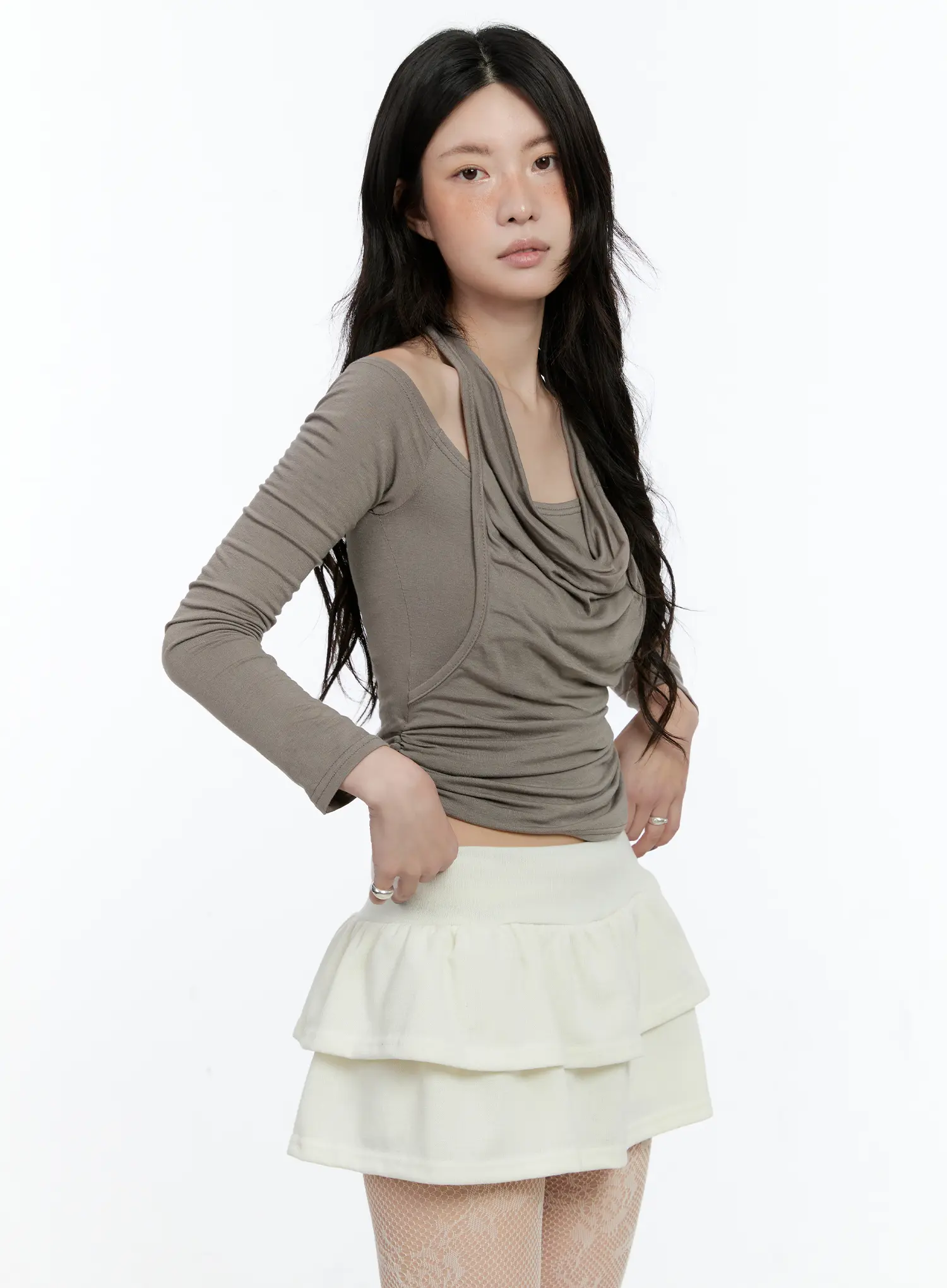 Draped Halter Layered Long Sleeve Top CN517