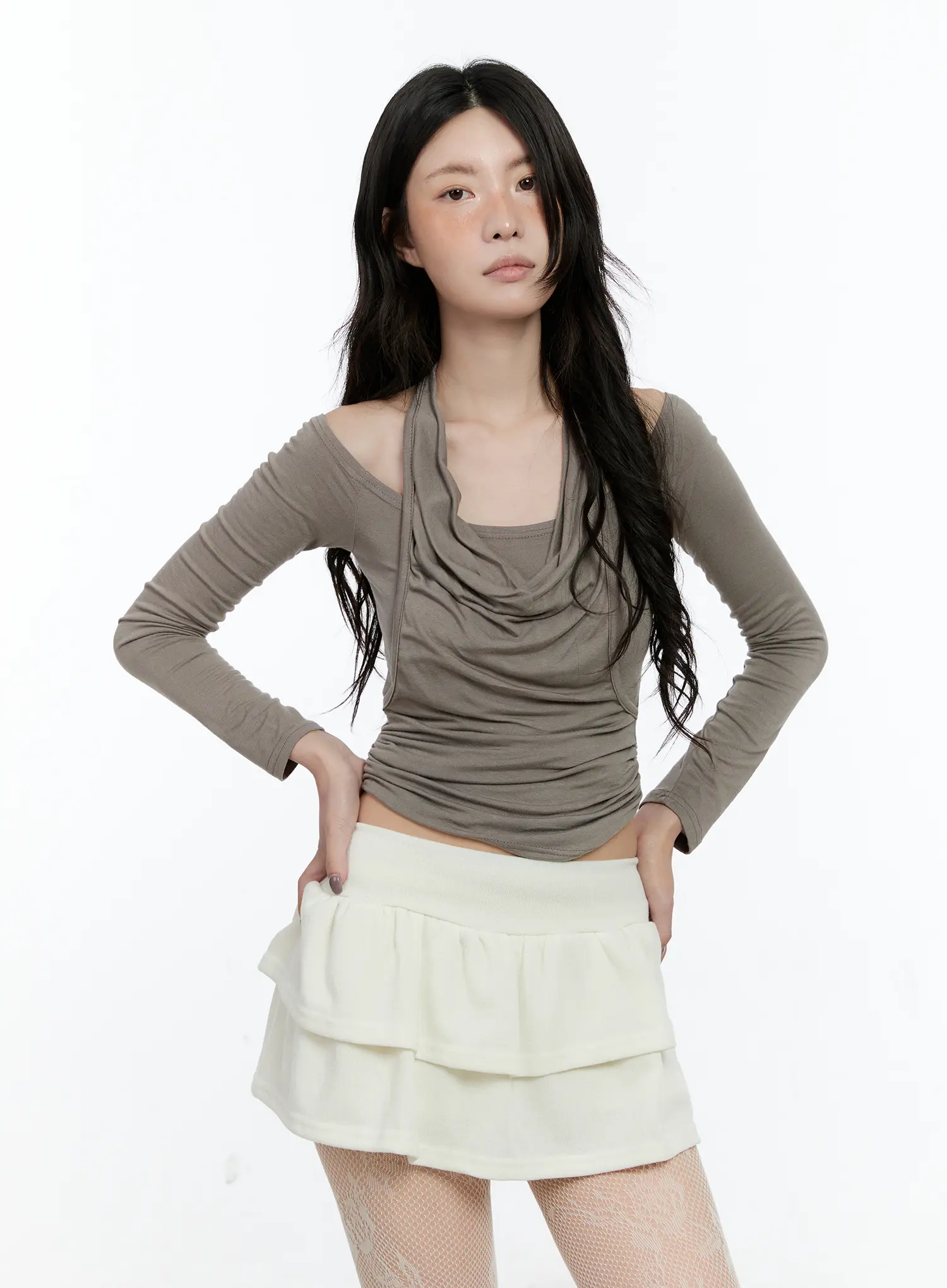 Draped Halter Layered Long Sleeve Top CN517 - Image 3
