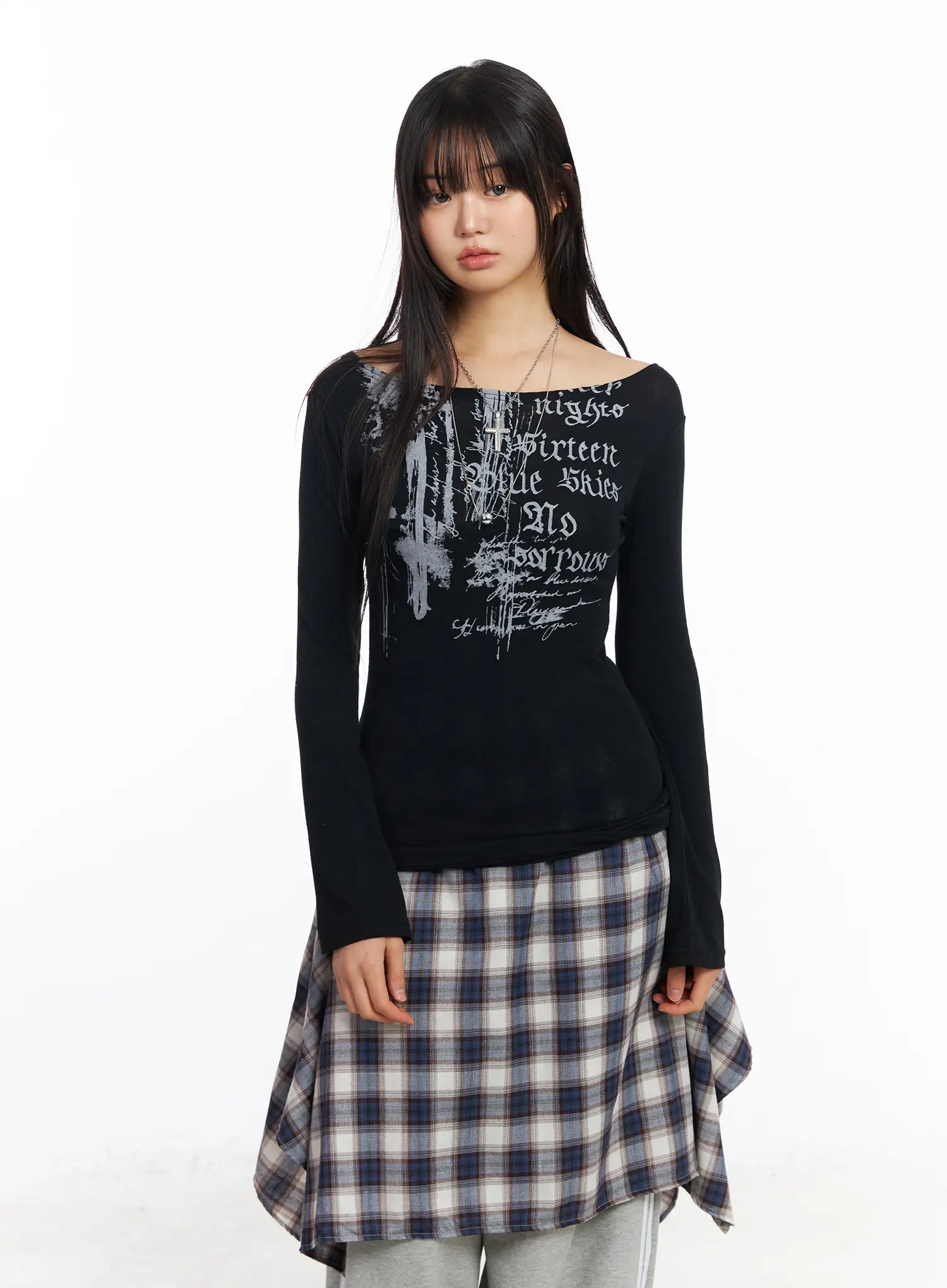 Edgy Boat Neck Graphic Long Sleeve Tee CF506 - Image 14