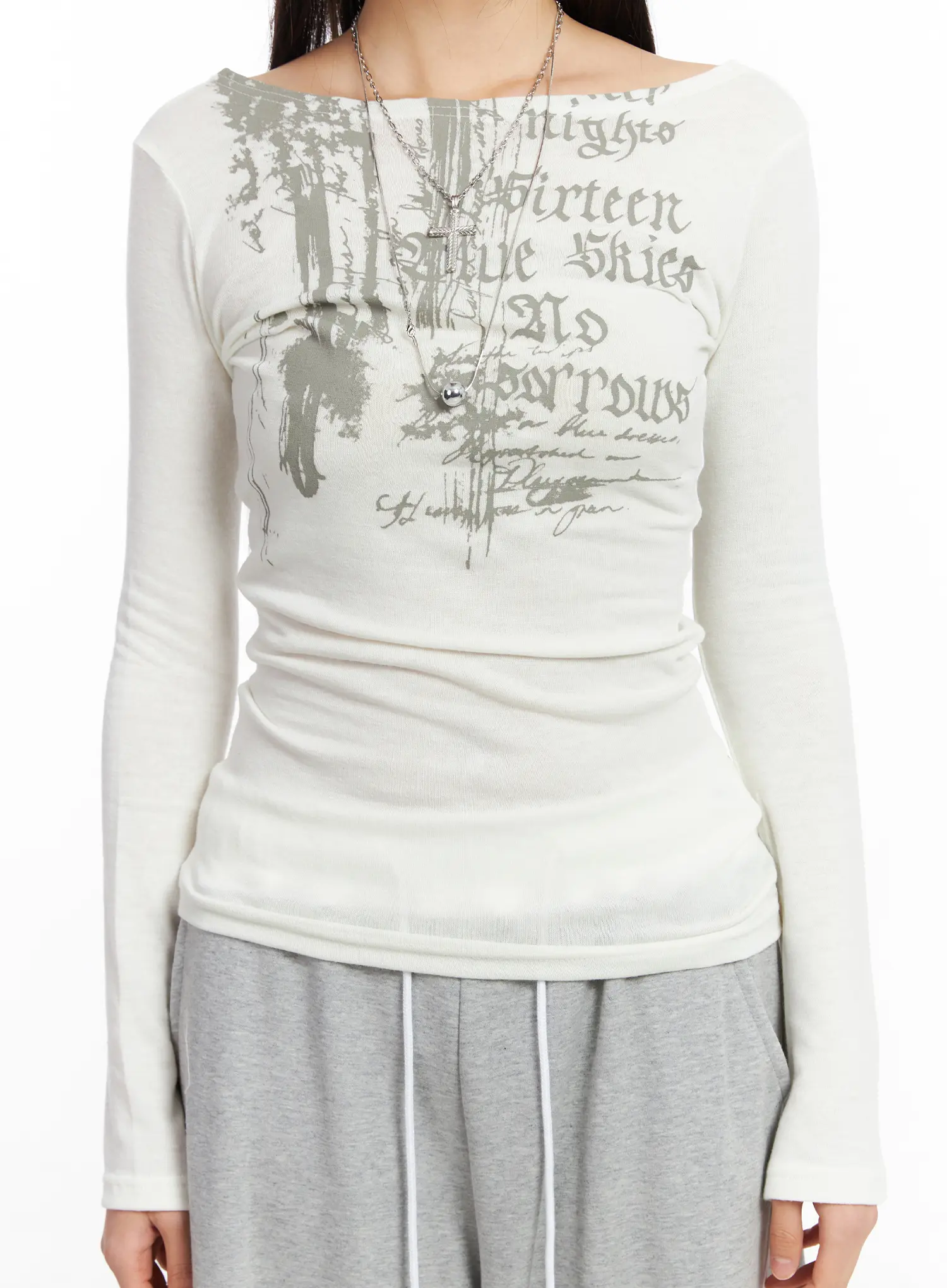 Edgy Boat Neck Graphic Long Sleeve Tee CF506 - Image 8