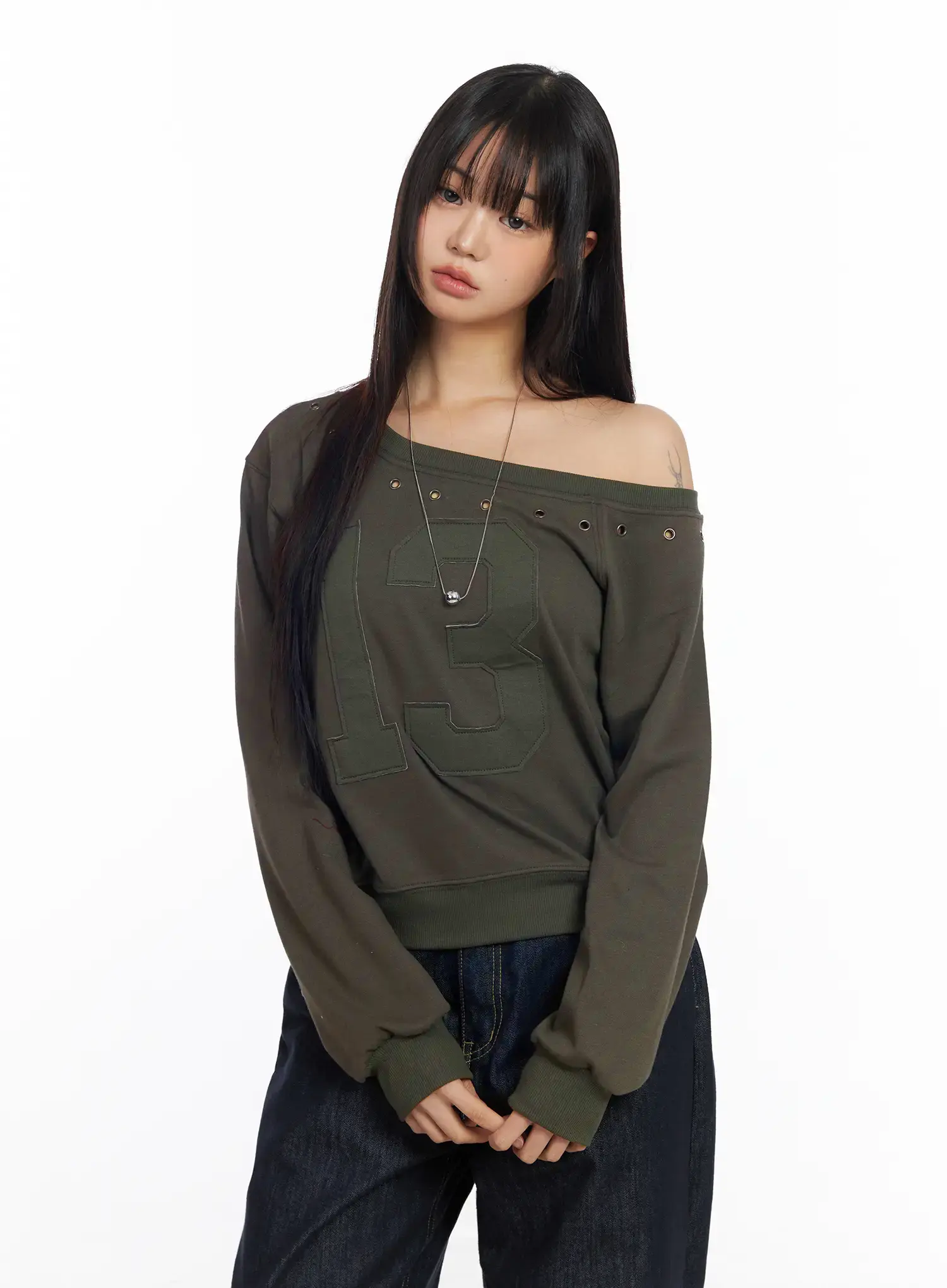 Eyelet Trimmed Off-Shoulder Sweatshirt CF504 - Image 2