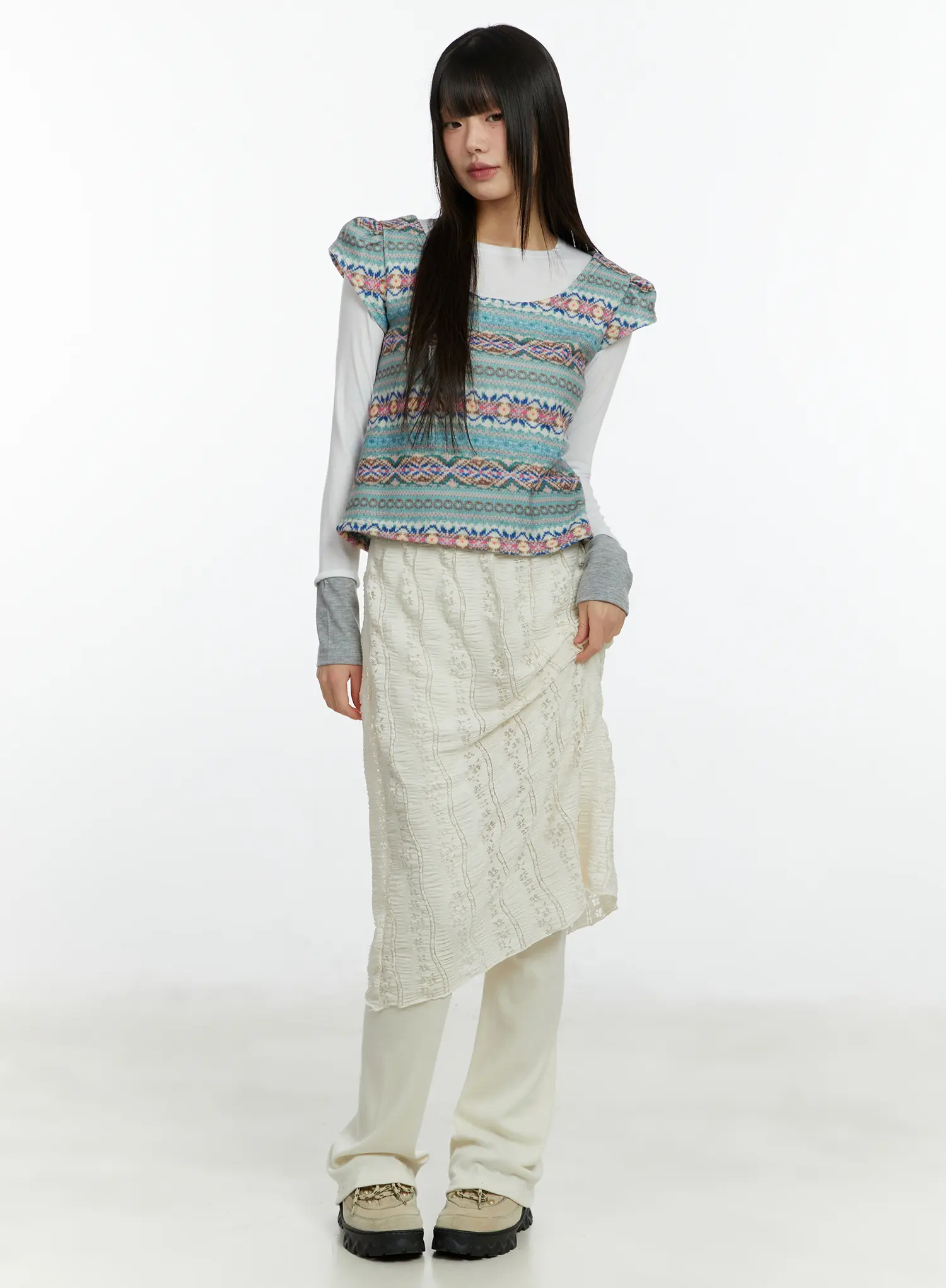 Fair Isle Puff Short Sleeve Top CF509 - Image 3