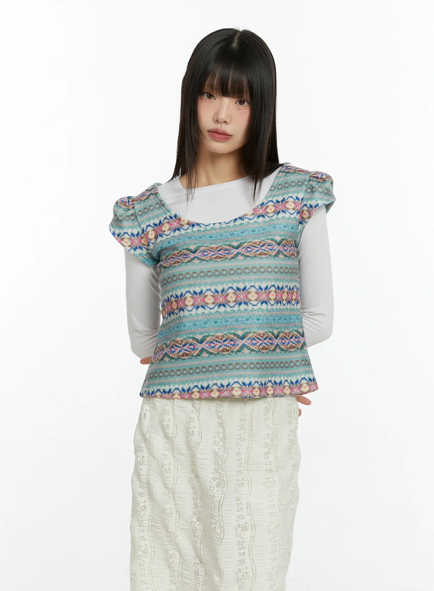 Fair Isle Puff Short Sleeve Top CF509 - Image 9