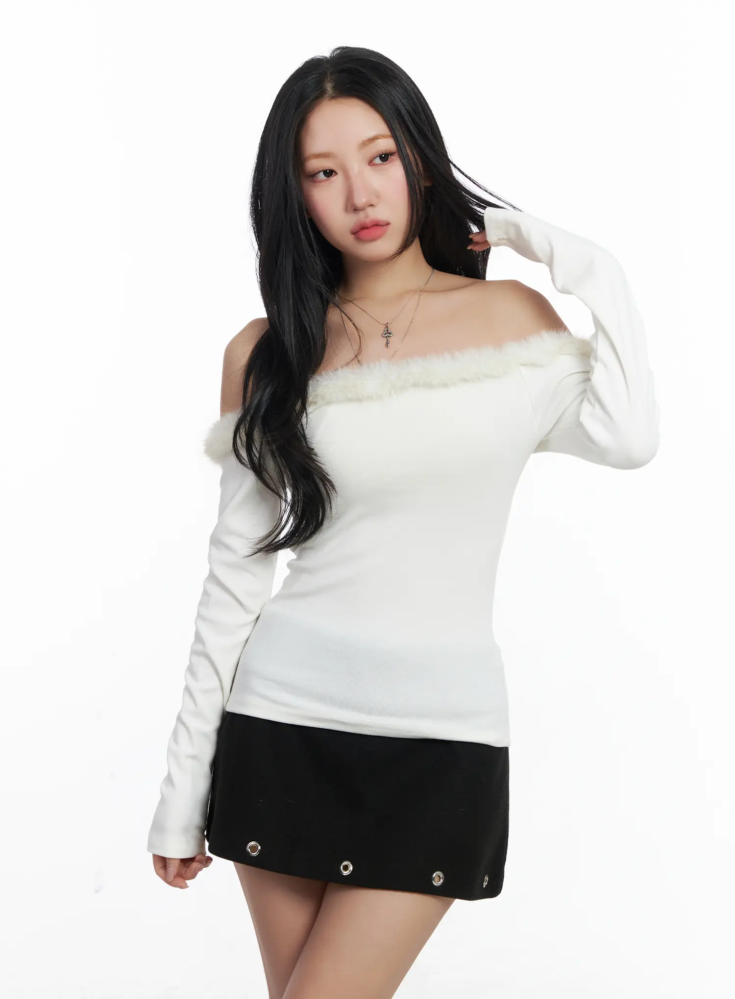 Faux Fur Off-Shoulder Long Sleeve Top CJ515 - Image 8