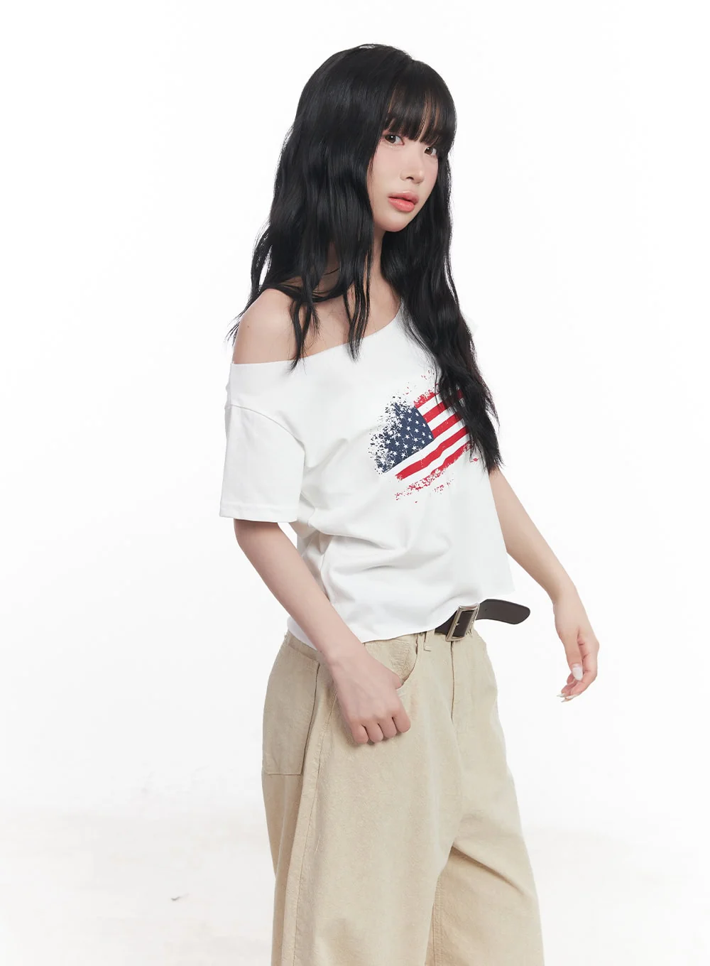 Flag Graphic Off-Shoulder Crop Tee CY527 - Image 5
