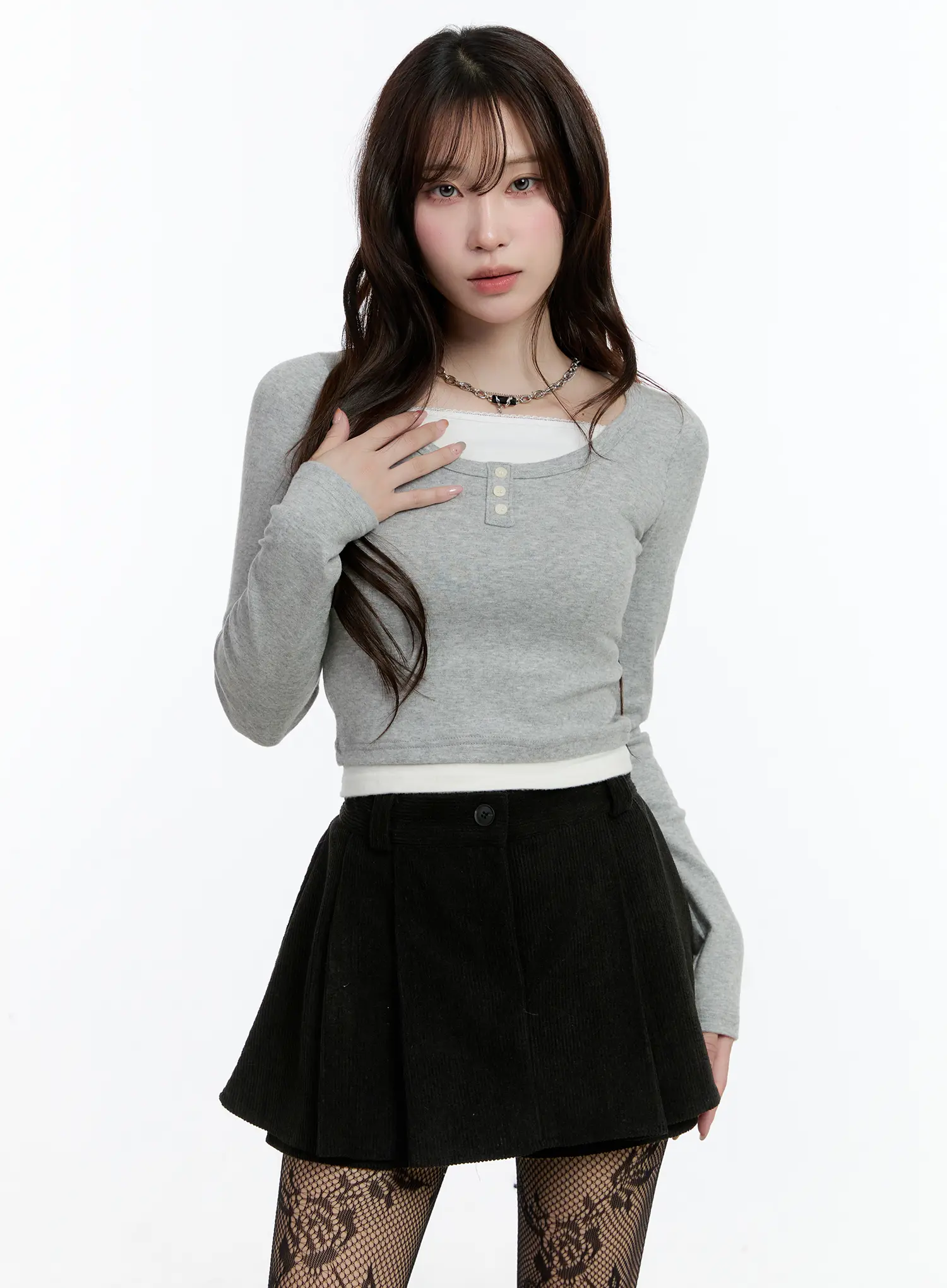 Fleece-Lined Layered Henley Top CN525