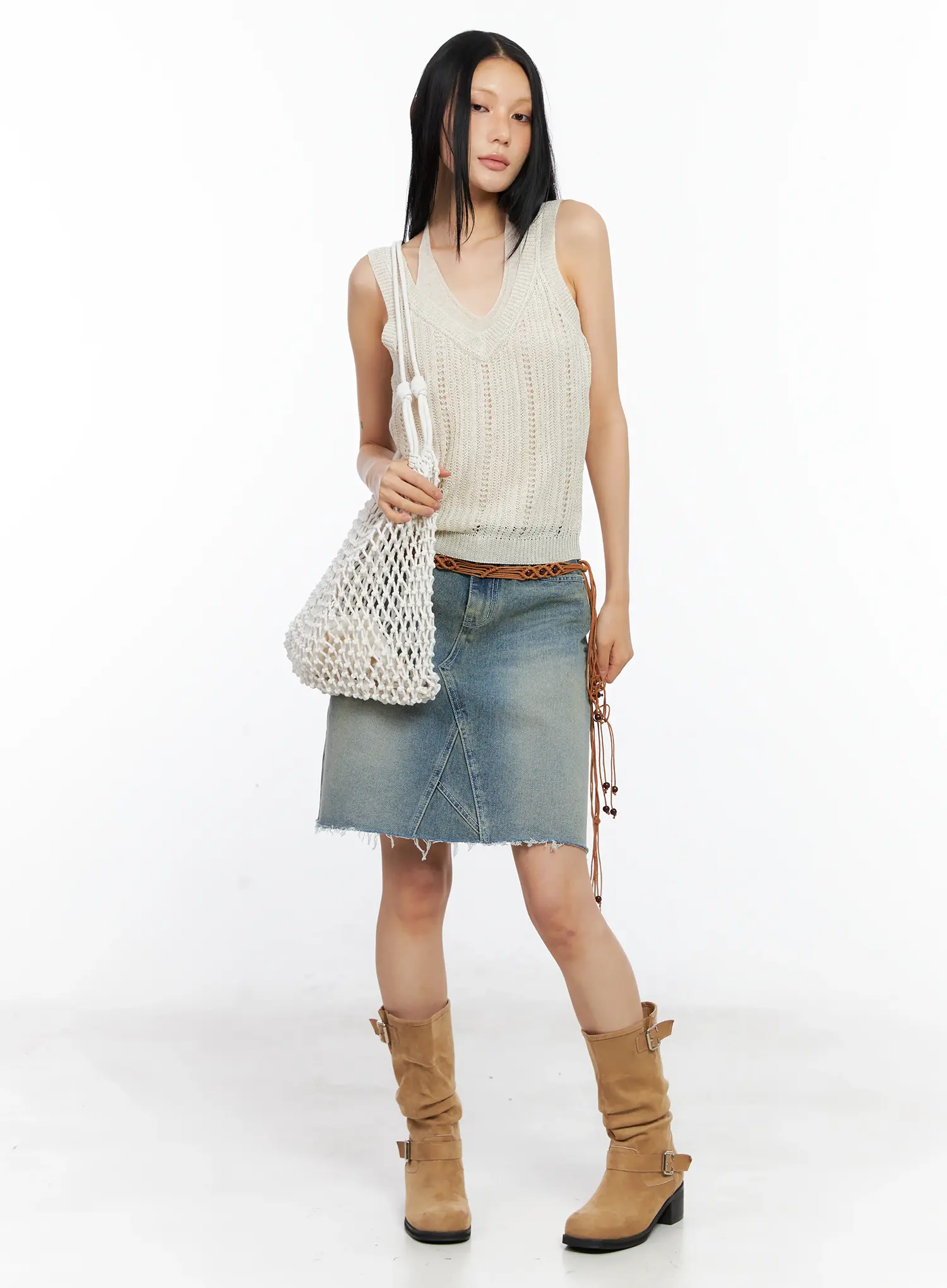 Frayed-Hem Denim Midi Skirt CL529 - Image 9