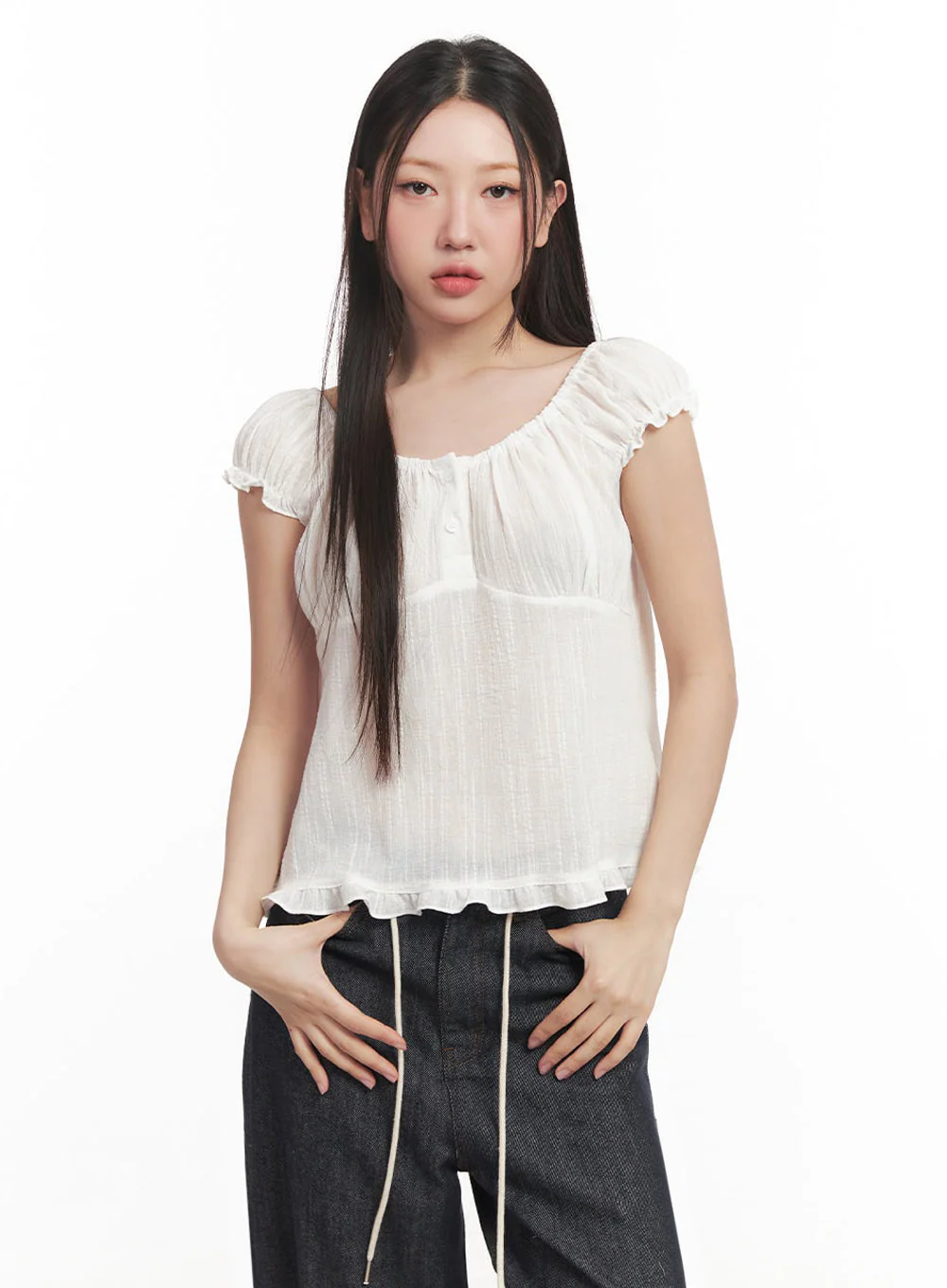 Frill Buttoned Off-Shoulder Blouse Top IM528 - Image 2
