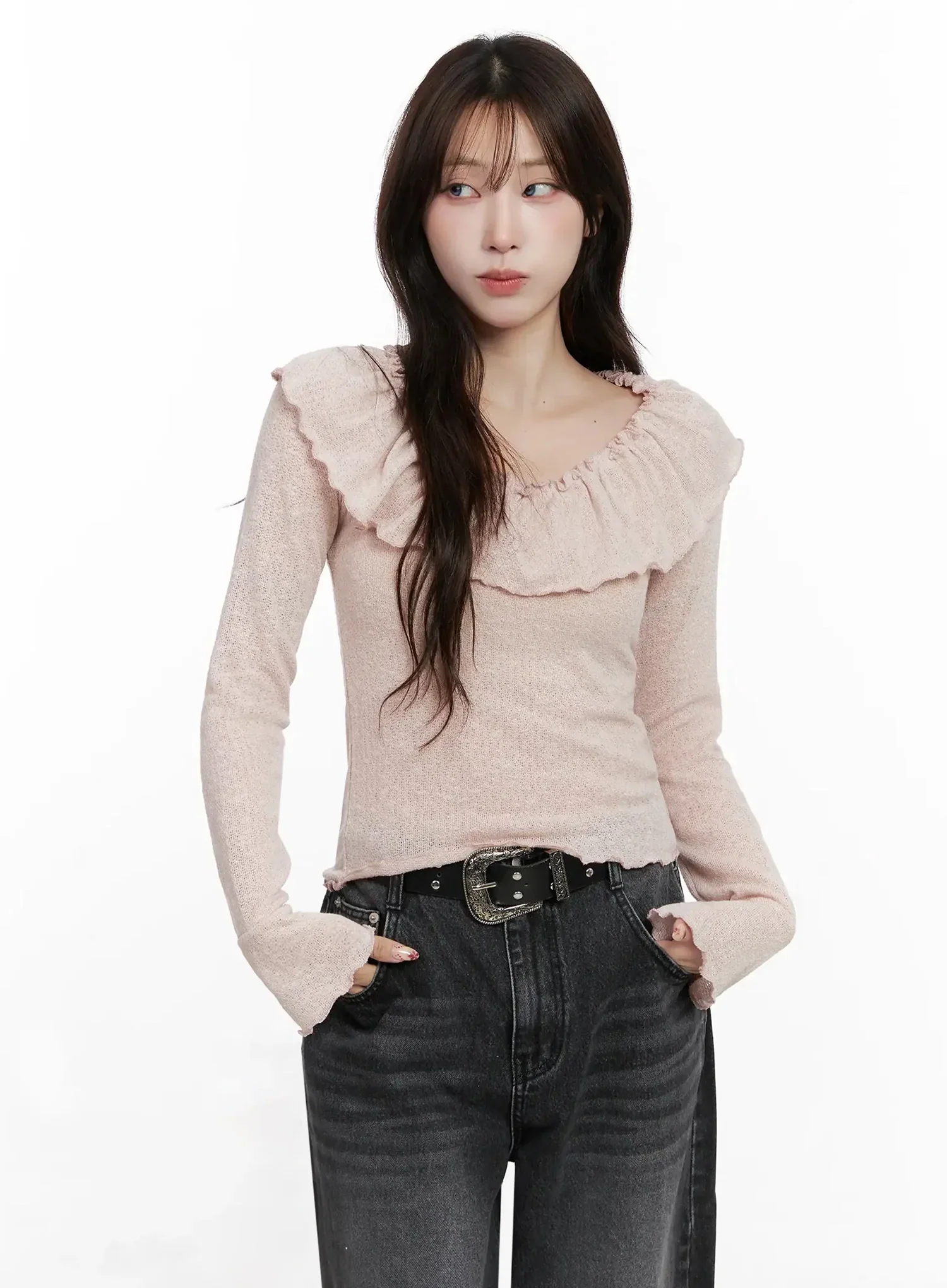 Frilled Off-Shoulder Long Sleeve Top IN514 - Image 11