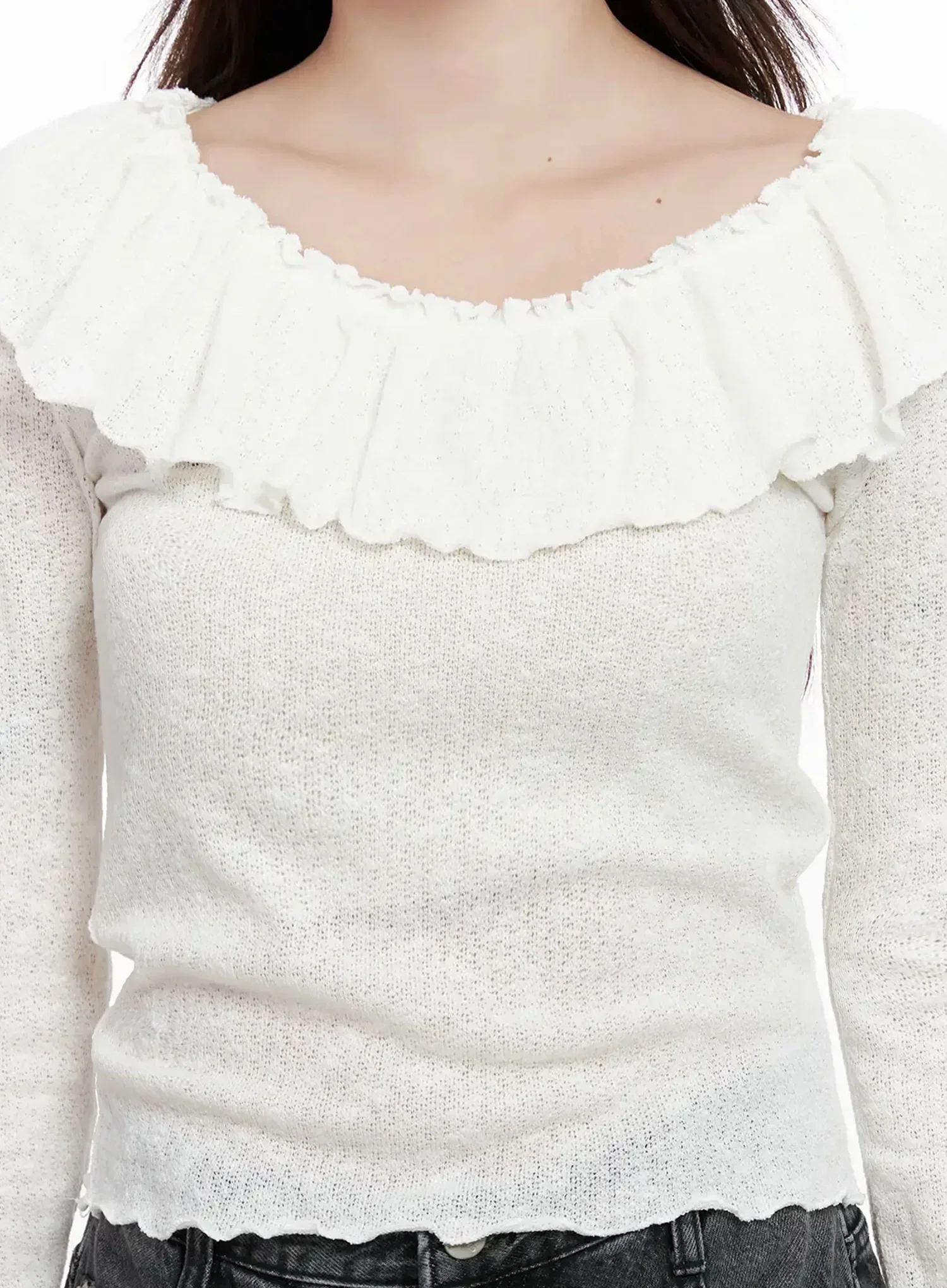 Frilled Off-Shoulder Long Sleeve Top IN514 - Image 4