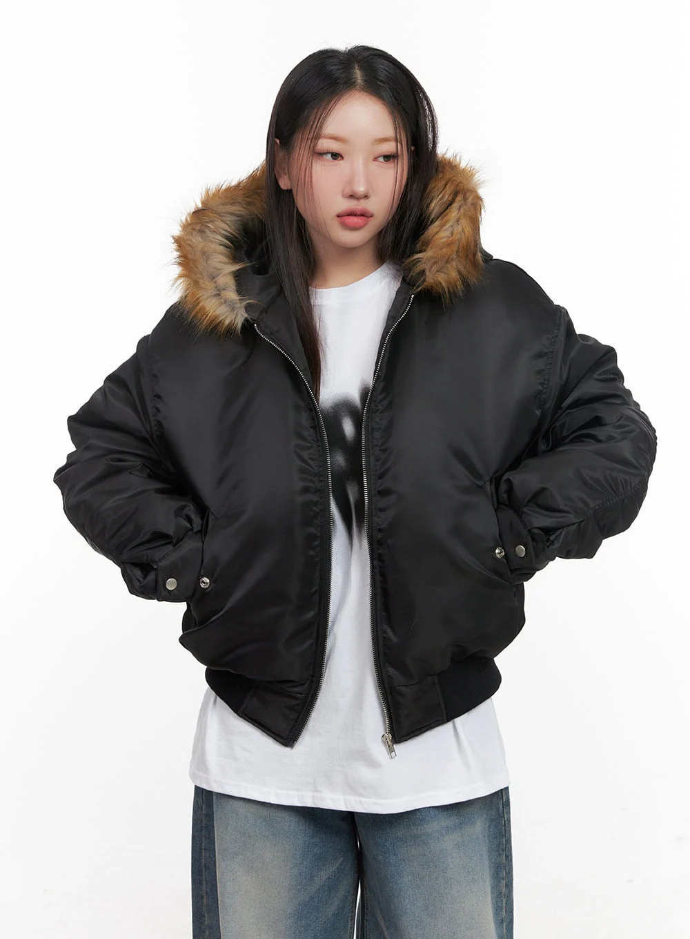 Fur Detail Hooded Bomber Jacket CD411 - Image 12