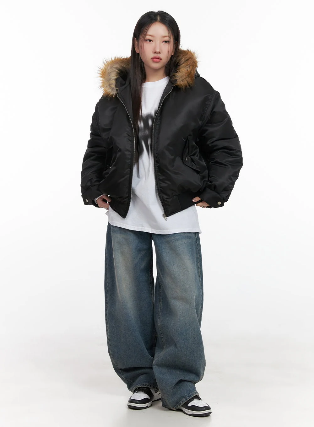 Fur Detail Hooded Bomber Jacket CD411 - Image 2
