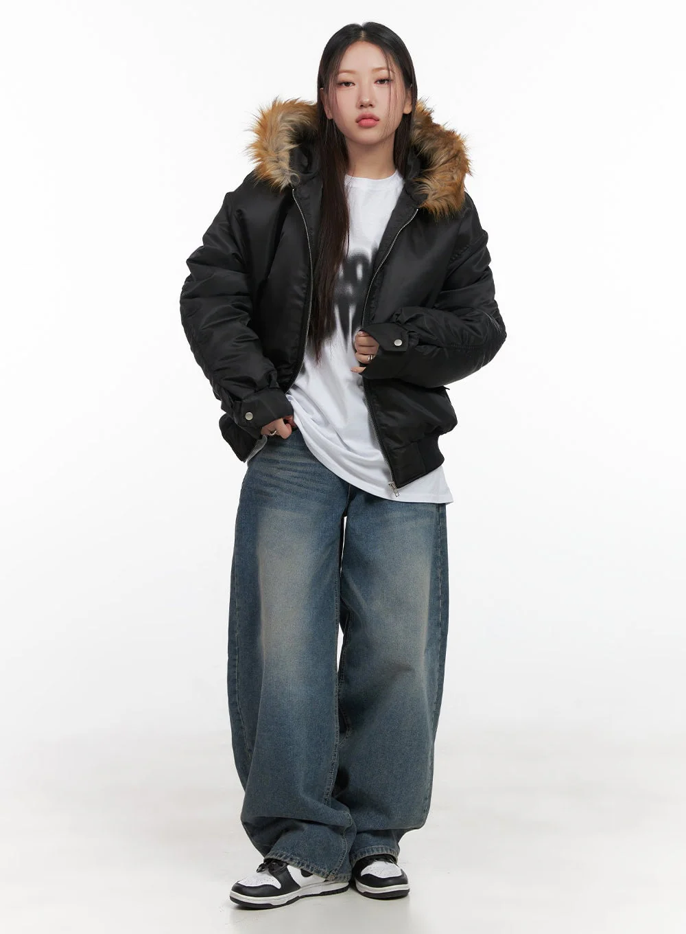 Fur Detail Hooded Bomber Jacket CD411 - Image 3