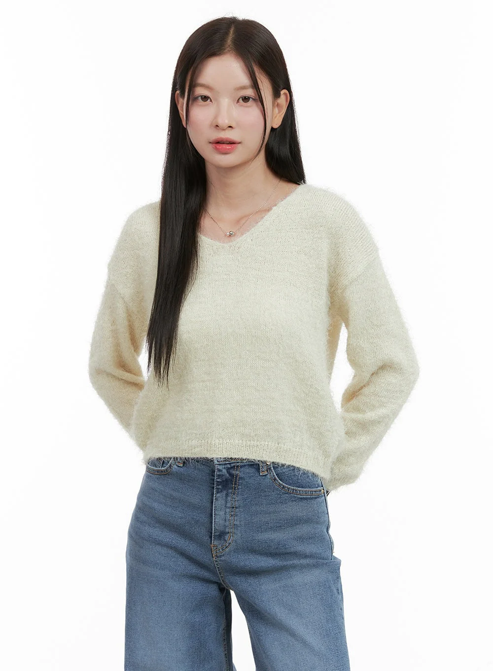 Fuzzy V-Neck Knit Sweater OG419 - Image 3