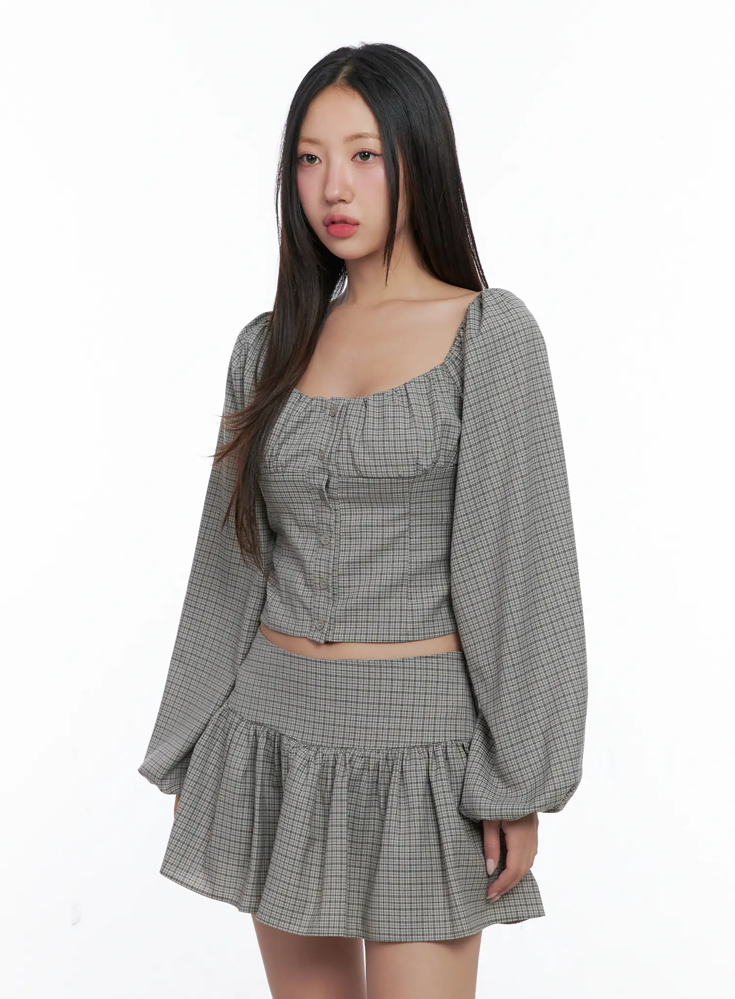 Gingham Button-Up Puff Sleeve Blouse CS503 - Image 6