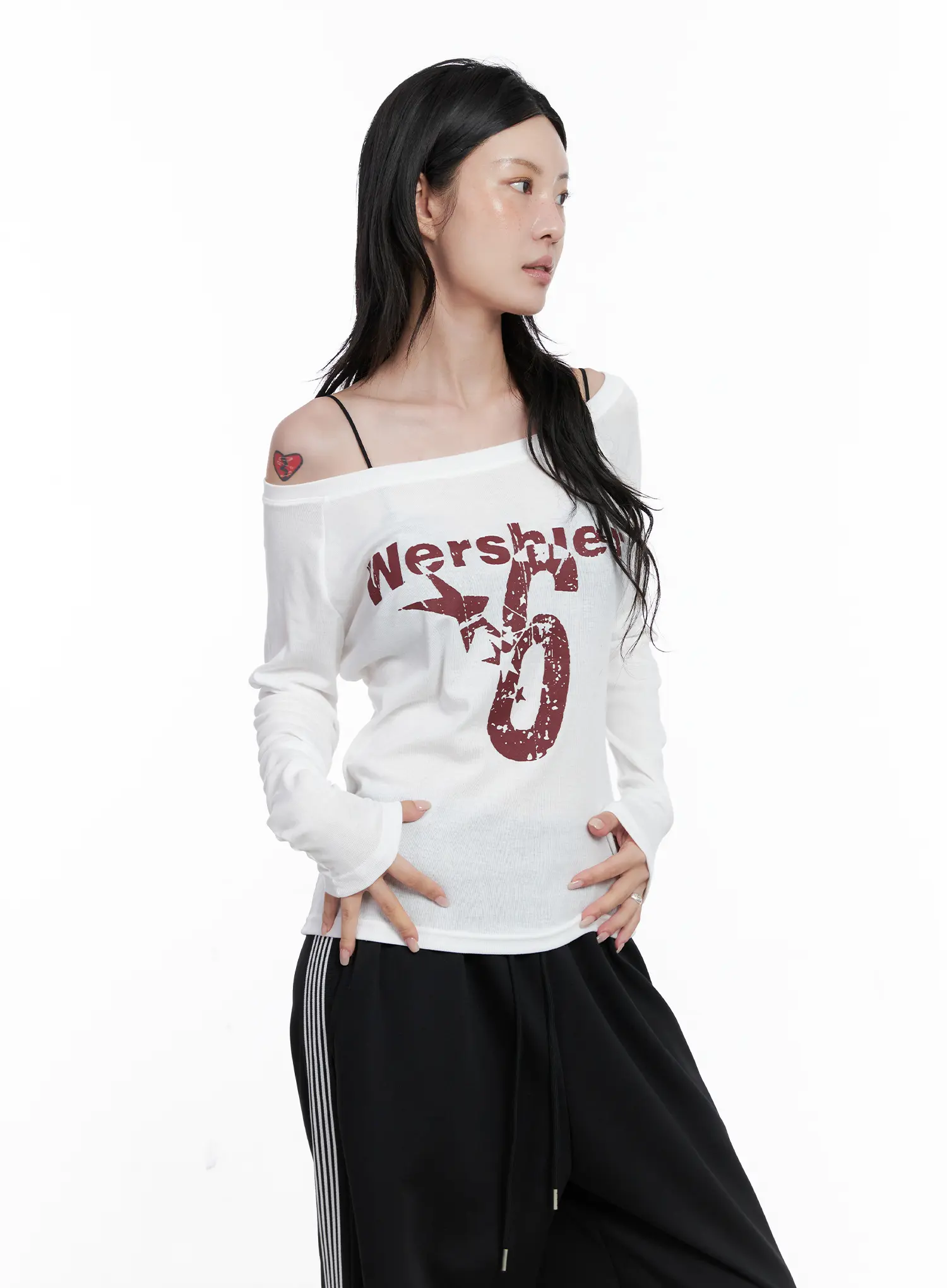 Graphic Off-Shoulder Long Sleeve Shirt CS529 - Image 2
