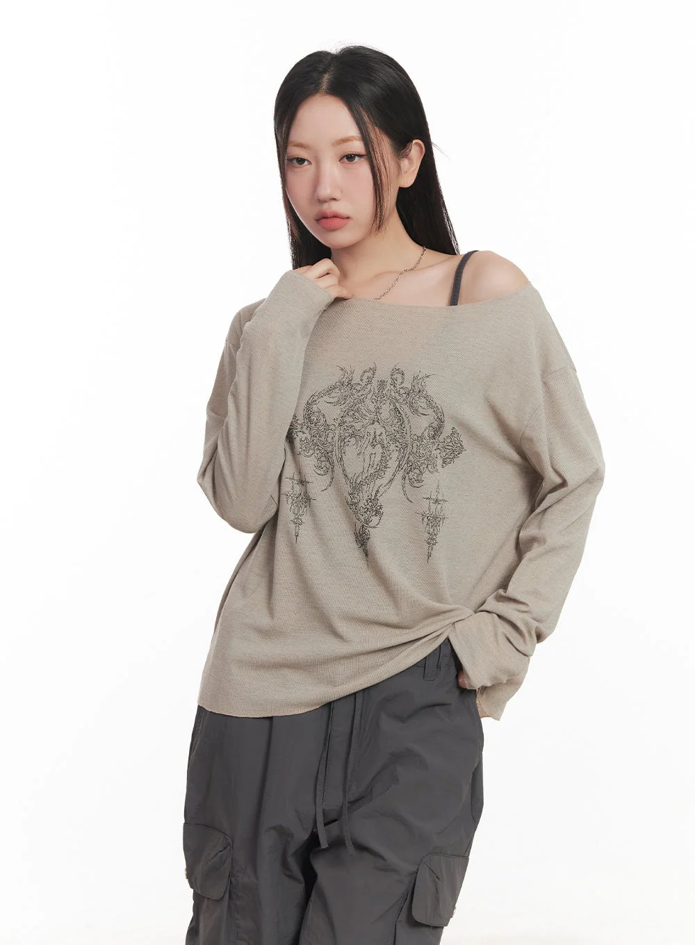 Graphic Off-Shoulder Long Sleeve Top CA518 - Image 9