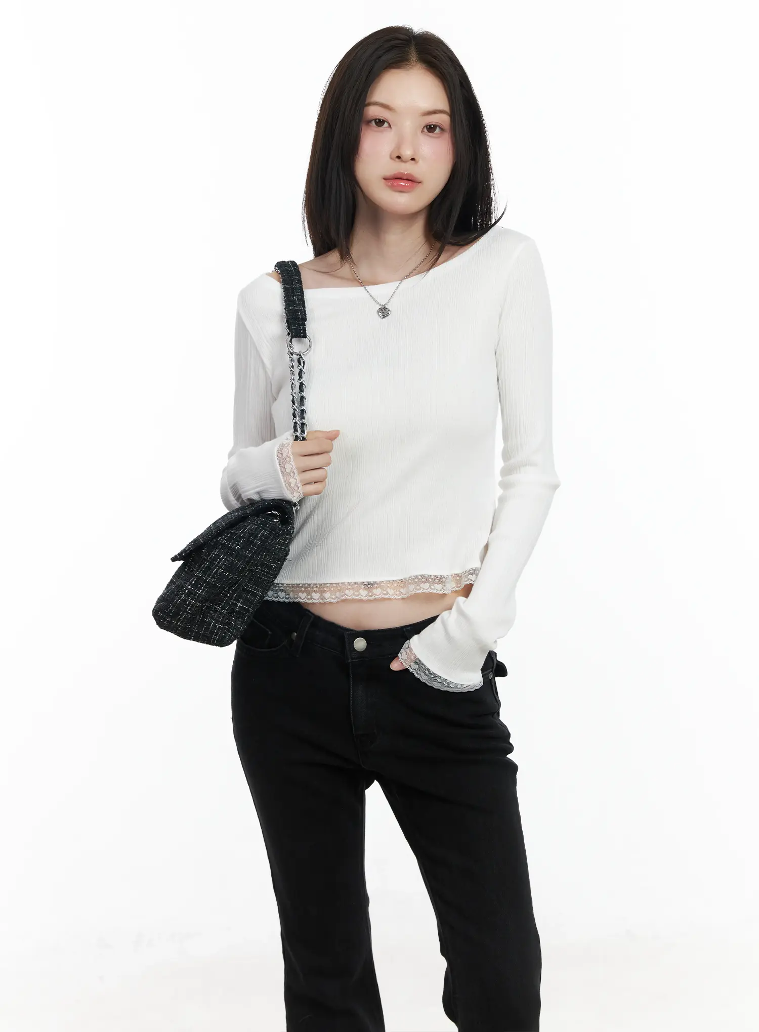 Heart Lace Frill Hem Boat-Neck Top IF520