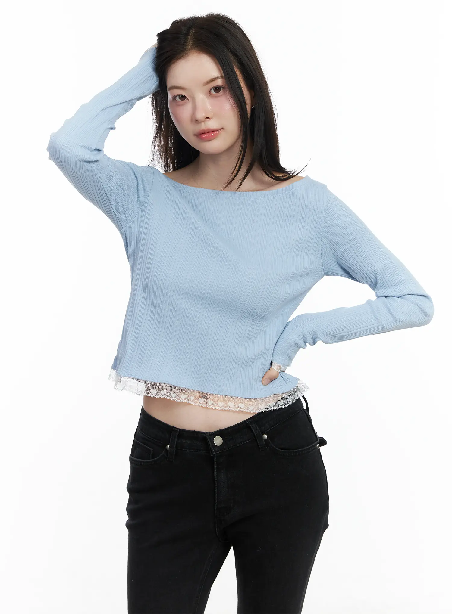 Heart Lace Frill Hem Boat-Neck Top IF520 - Image 12