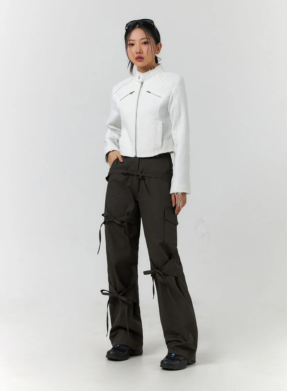 High Neck Tweed Zipper Biker Jacket CF401 - Image 4