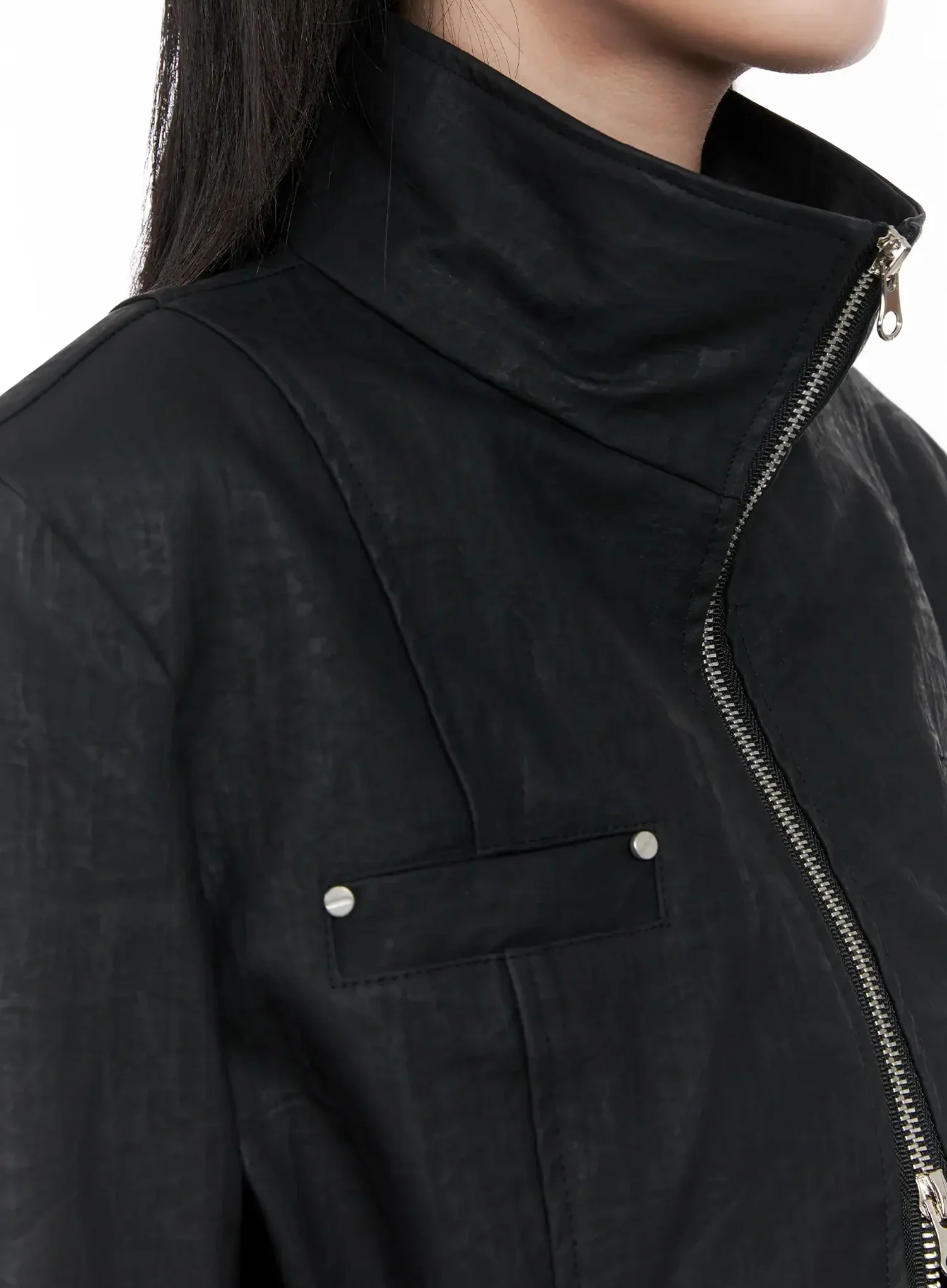 High Neck Zip Up Faux Leather Jacket IS508 - Image 3