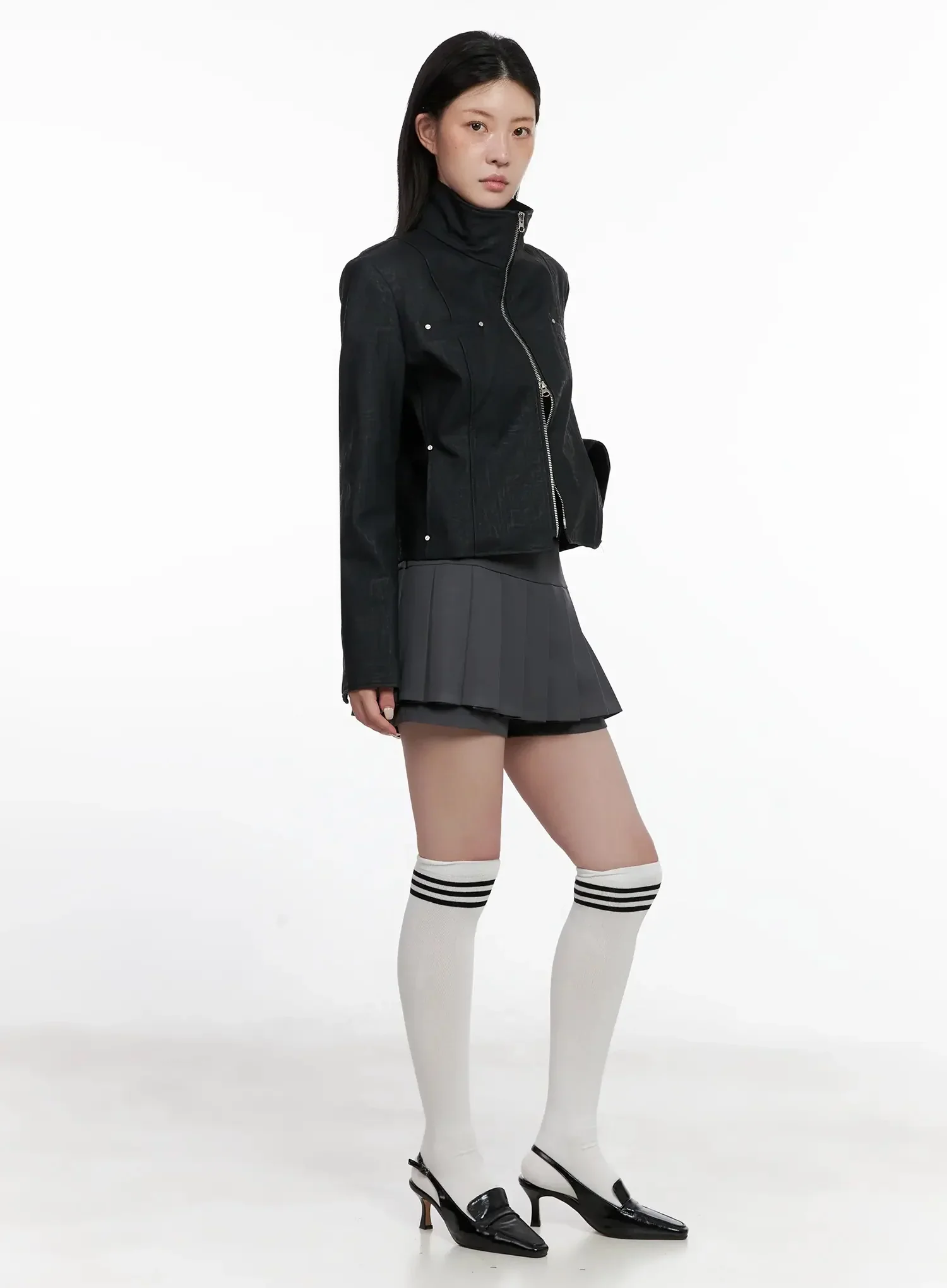 High Neck Zip Up Faux Leather Jacket IS508 - Image 8