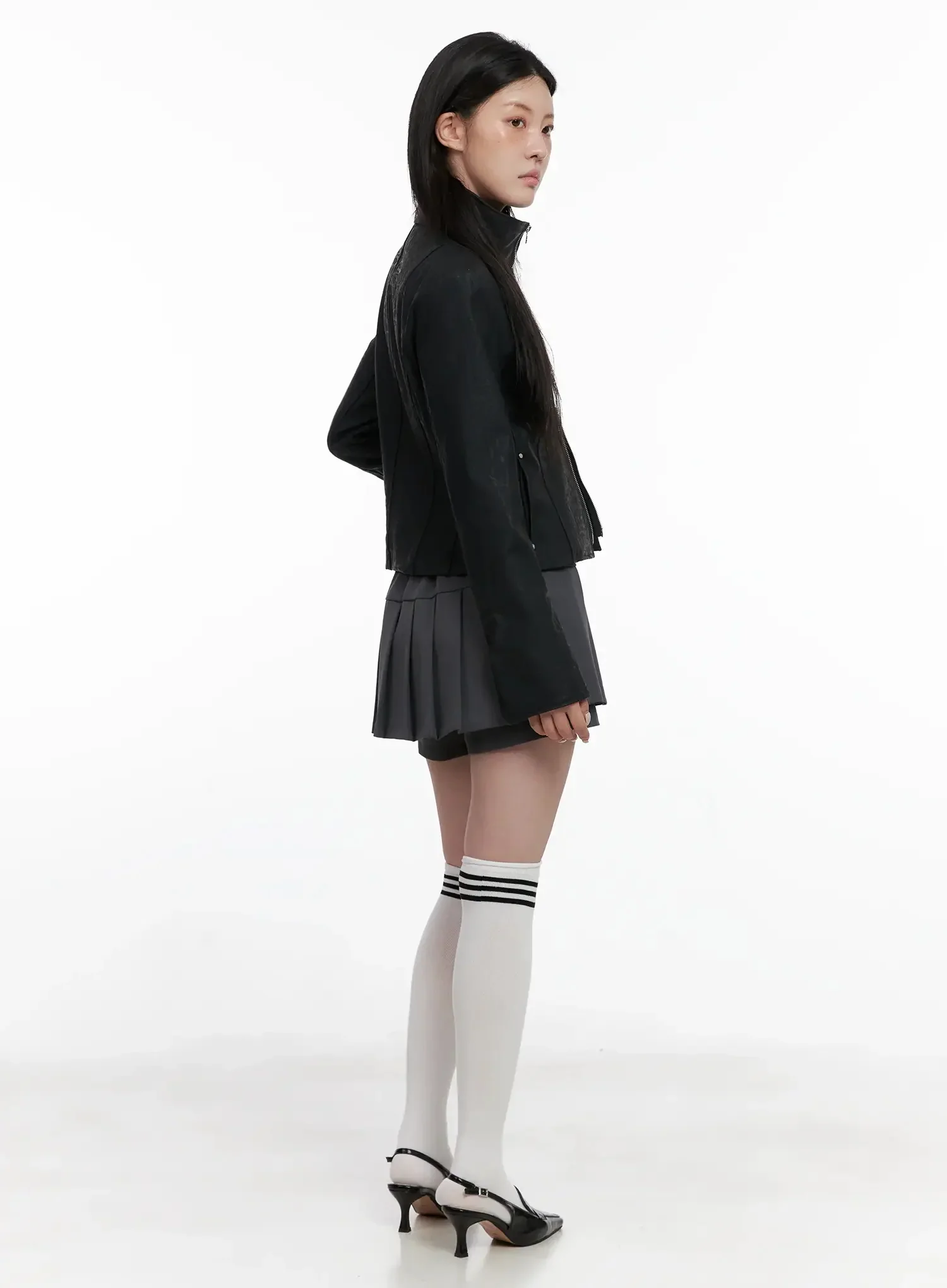High Neck Zip Up Faux Leather Jacket IS508 - Image 9