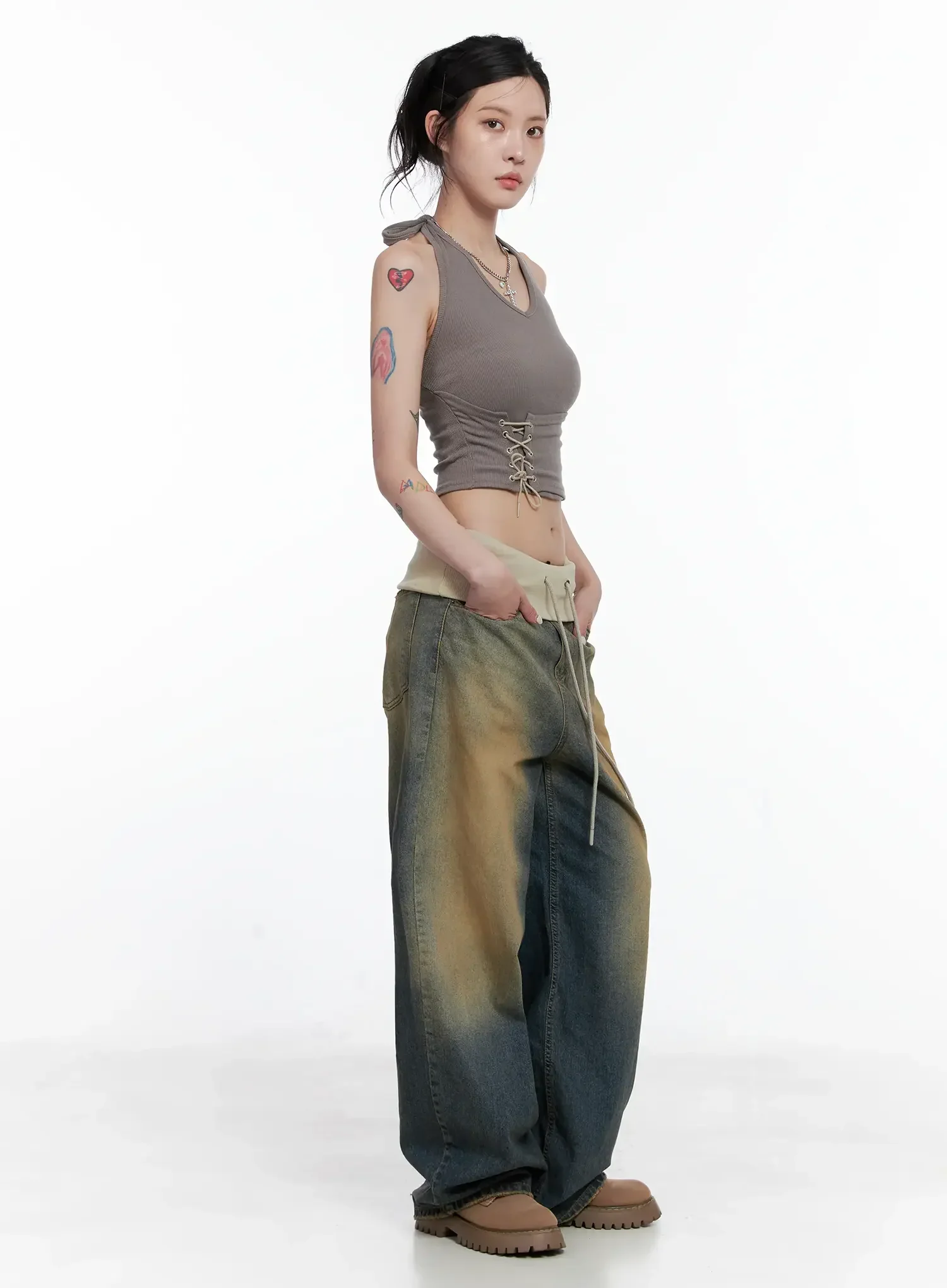 Jemma Folded Waist Washed Baggy Jeans CS512 - Image 5